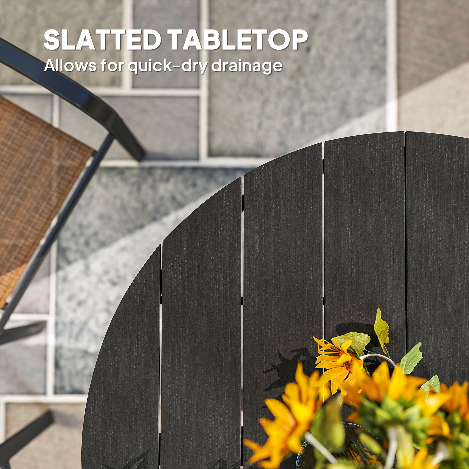 46.5" Round Picnic Dining Table for 6, Slatted Top, Black Aluminum Outdoor-DECOROLALA
