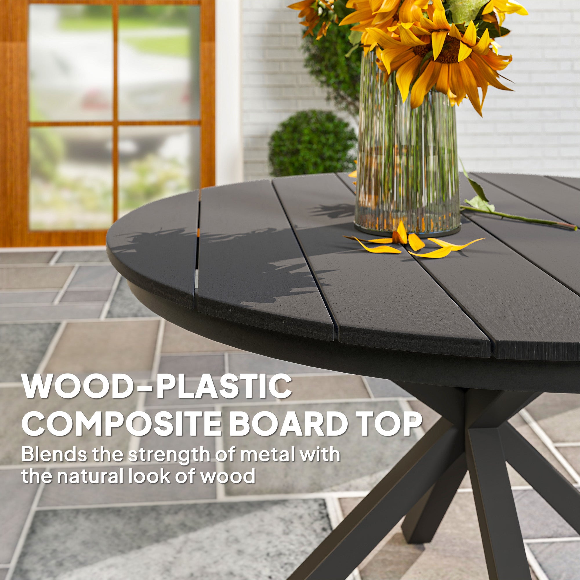 46.5" Round Picnic Dining Table for 6, Slatted Top, Black Aluminum Outdoor-DECOROLALA