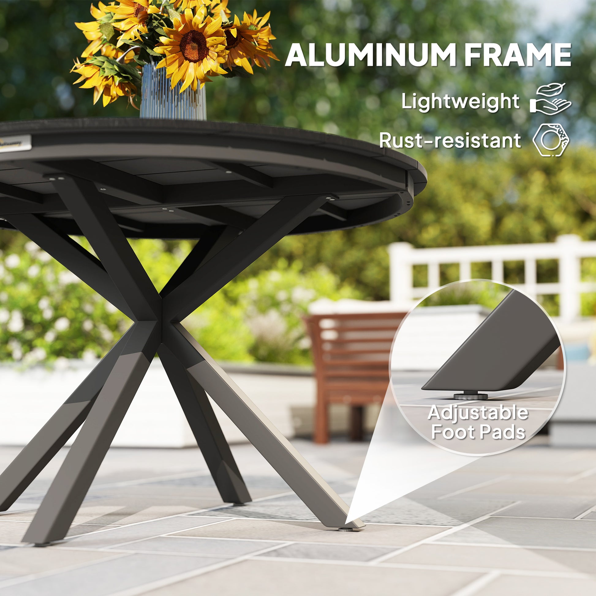 46.5" Round Picnic Dining Table for 6, Slatted Top, Black Aluminum Outdoor-DECOROLALA