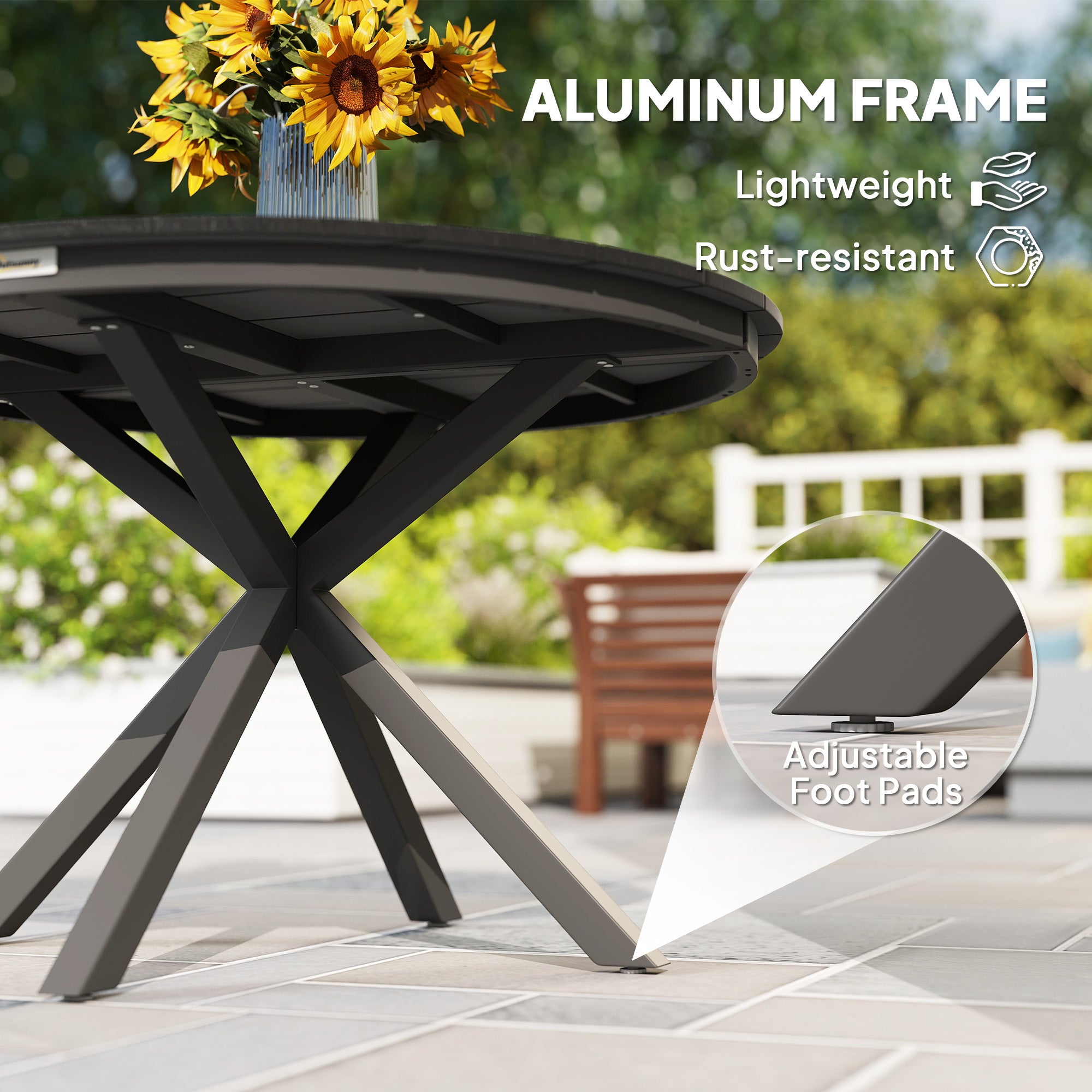 46.5" Round Picnic Dining Table for 6, Slatted Top, Black Aluminum Outdoor-DECOROLALA