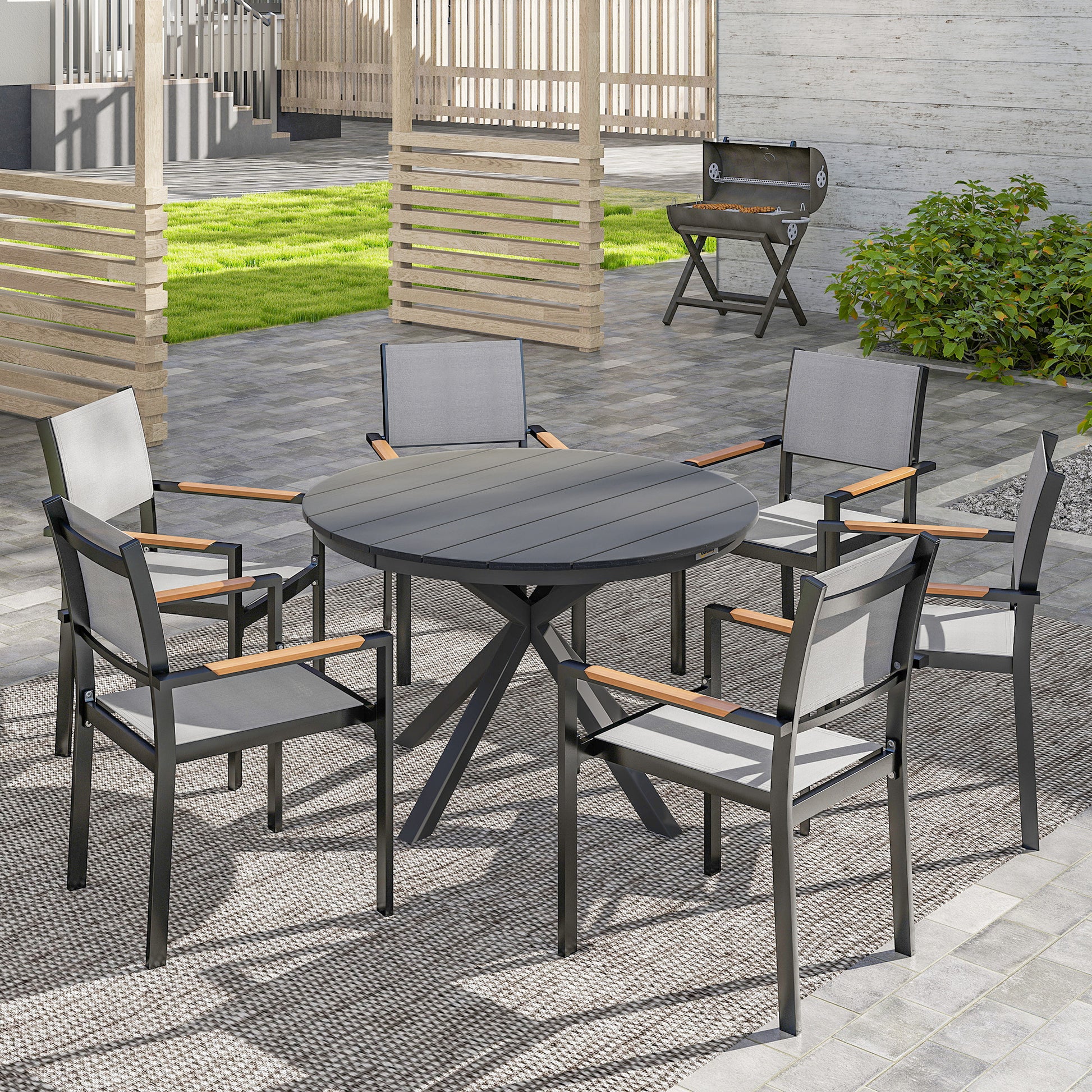 46.5" Round Picnic Dining Table for 6, Slatted Top, Black Aluminum Outdoor-DECOROLALA