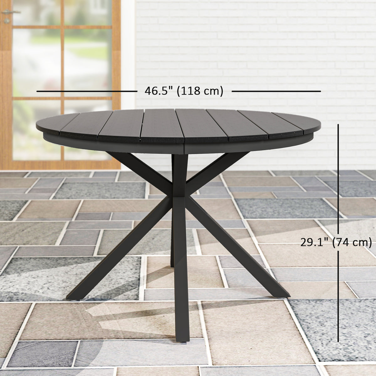 46.5" Round Picnic Dining Table for 6, Slatted Top, Black Aluminum Outdoor-Patio Dining Tables-DECOROLALA