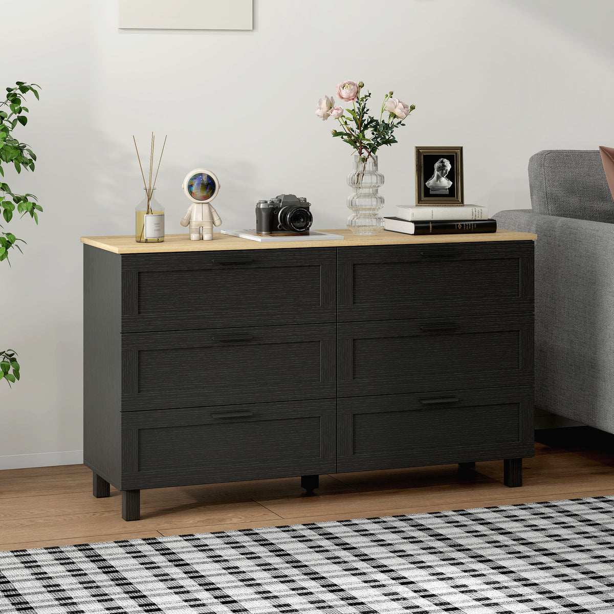 47" 6-Drawer Chest of Drawers - Black Wood Grain Dresser-Dressers & Chests-DECOROLALA