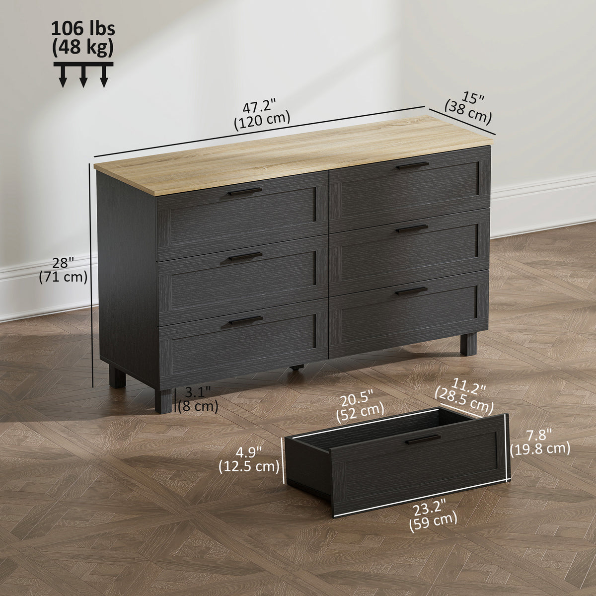 47" 6-Drawer Chest of Drawers - Black Wood Grain Dresser-Dressers & Chests-DECOROLALA