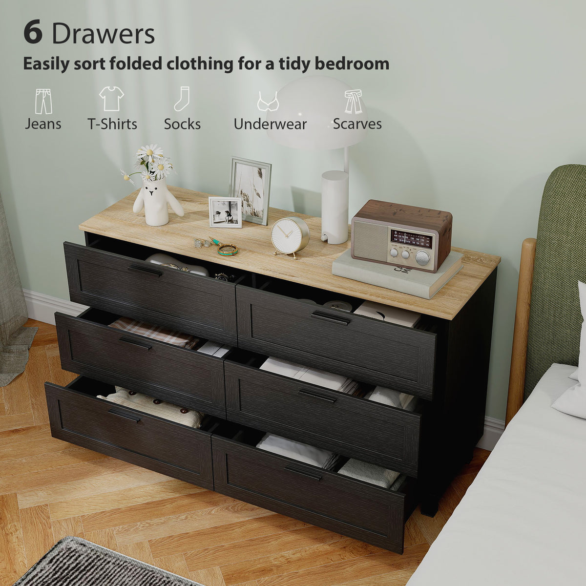 47" 6-Drawer Chest of Drawers - Black Wood Grain Dresser-Dressers & Chests-DECOROLALA