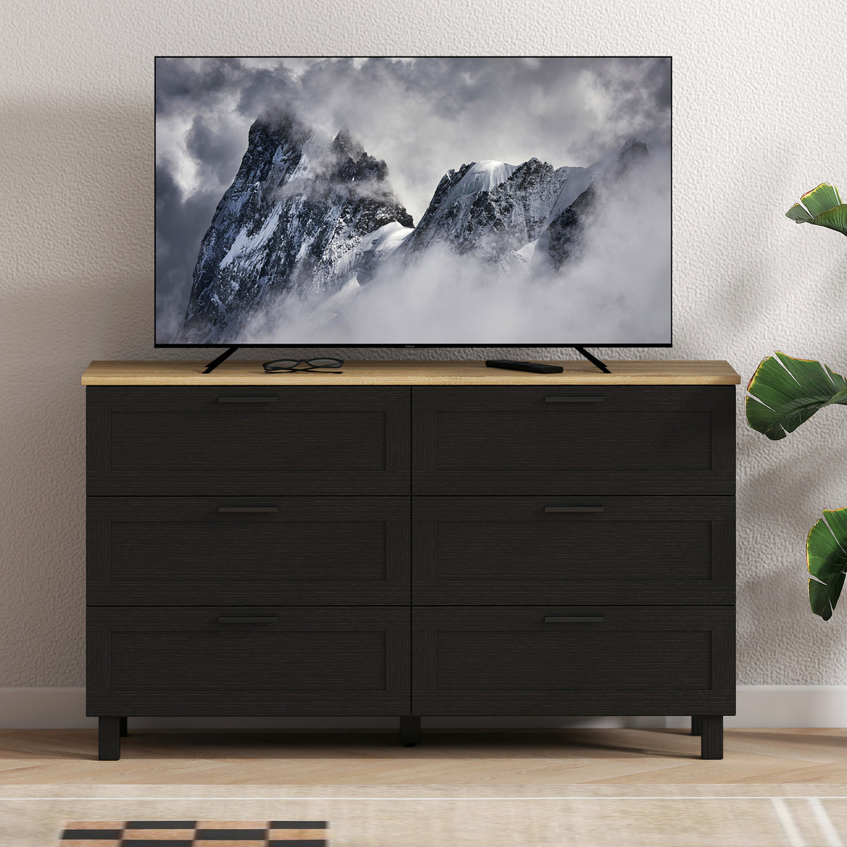 47" 6-Drawer Chest of Drawers - Black Wood Grain Dresser-Dressers & Chests-DECOROLALA