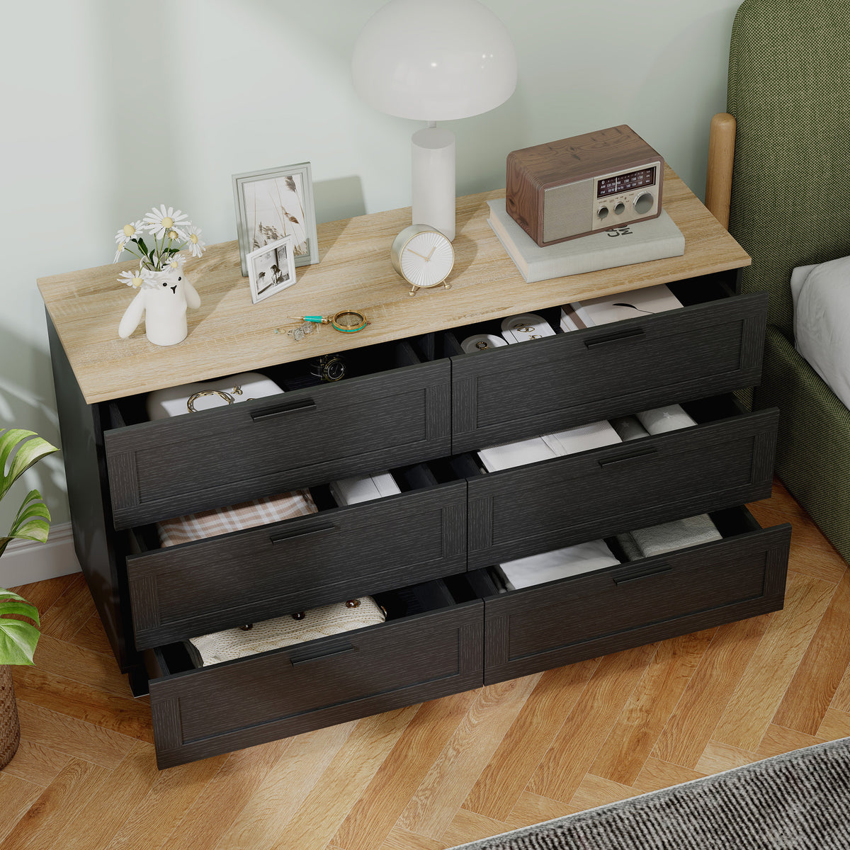 47" 6-Drawer Chest of Drawers - Black Wood Grain Dresser-Dressers & Chests-DECOROLALA
