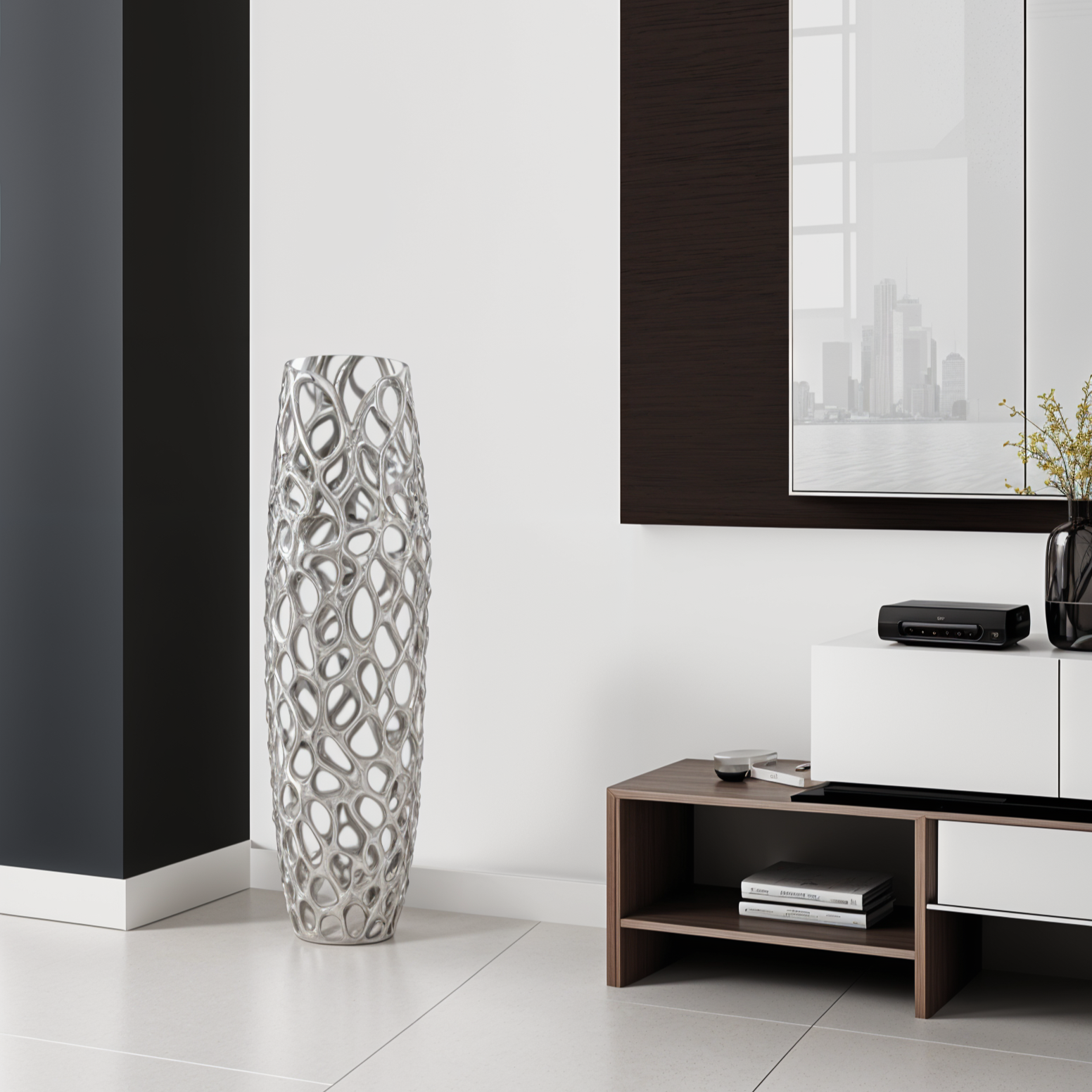 47" Aluminum Silver Twigs Cylinder Floor Vase-Vases-DECOROLALA