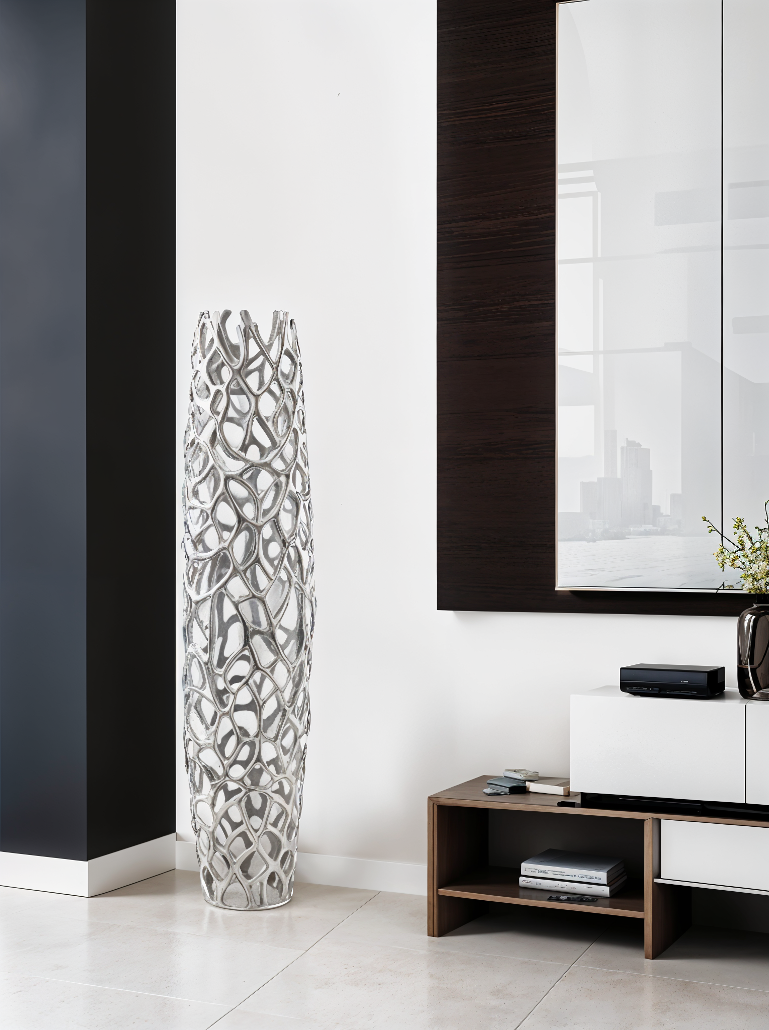 47" Aluminum Silver Twigs Cylinder Floor Vase-Vases-DECOROLALA