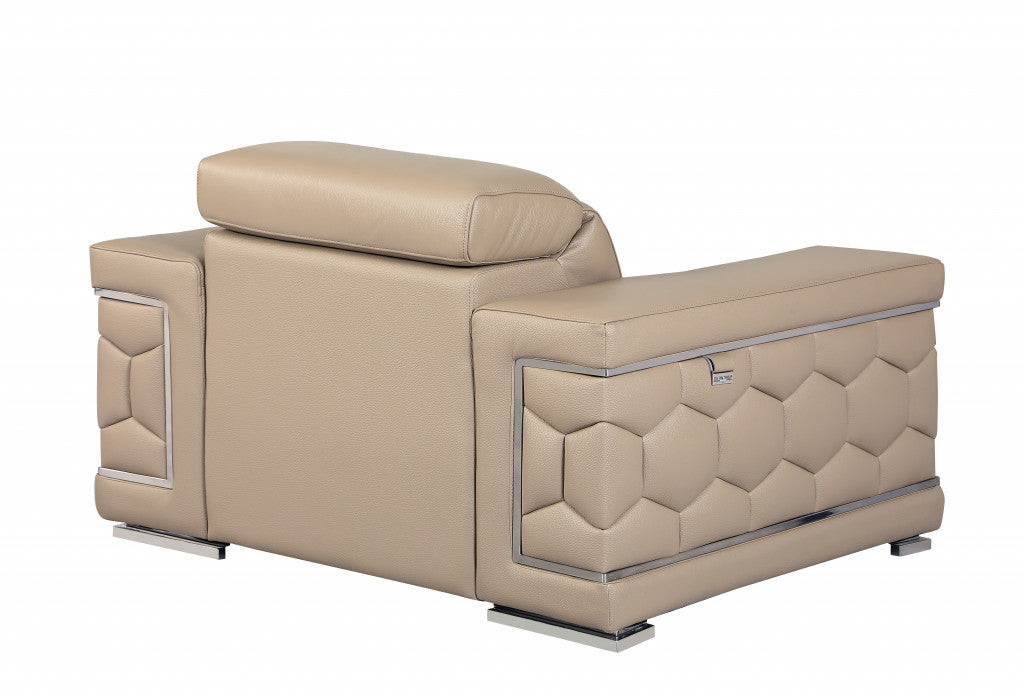 47" Beige And Silver Faux Leather Club Chair-Accent Chairs-DECOROLALA