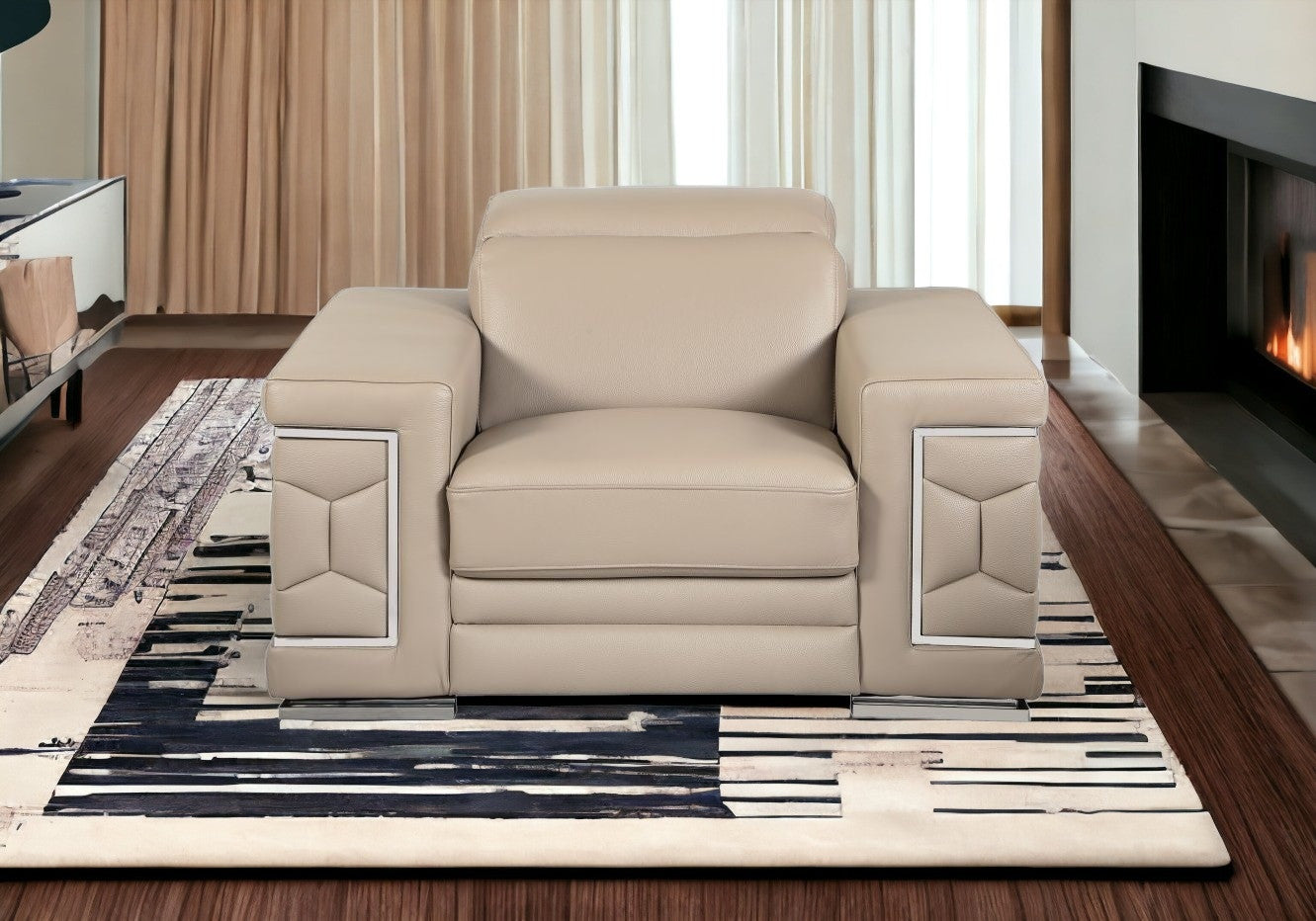 47" Beige And Silver Faux Leather Club Chair-Accent Chairs-DECOROLALA