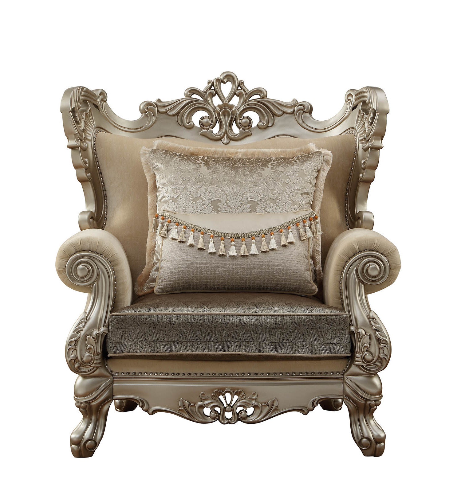 47" Beige Green and Champagne Fabric Geometric Arm Chair And Toss Pillow-Accent Chairs-DECOROLALA