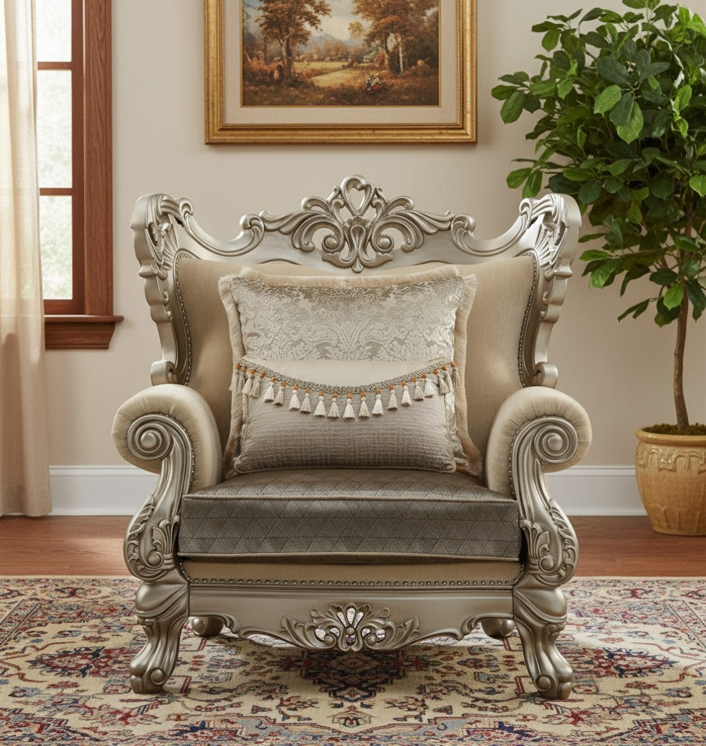 47" Beige Green and Champagne Fabric Geometric Arm Chair And Toss Pillow-Accent Chairs-DECOROLALA