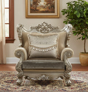 47" Beige Green and Champagne Fabric Geometric Arm Chair And Toss Pillow-Accent Chairs-DECOROLALA