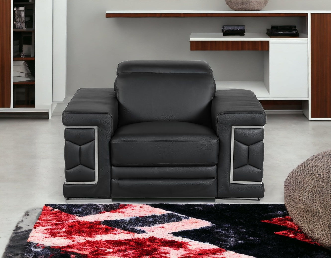 47" Black And Silver Genuine Leather Arm Chair-Accent Chairs-DECOROLALA