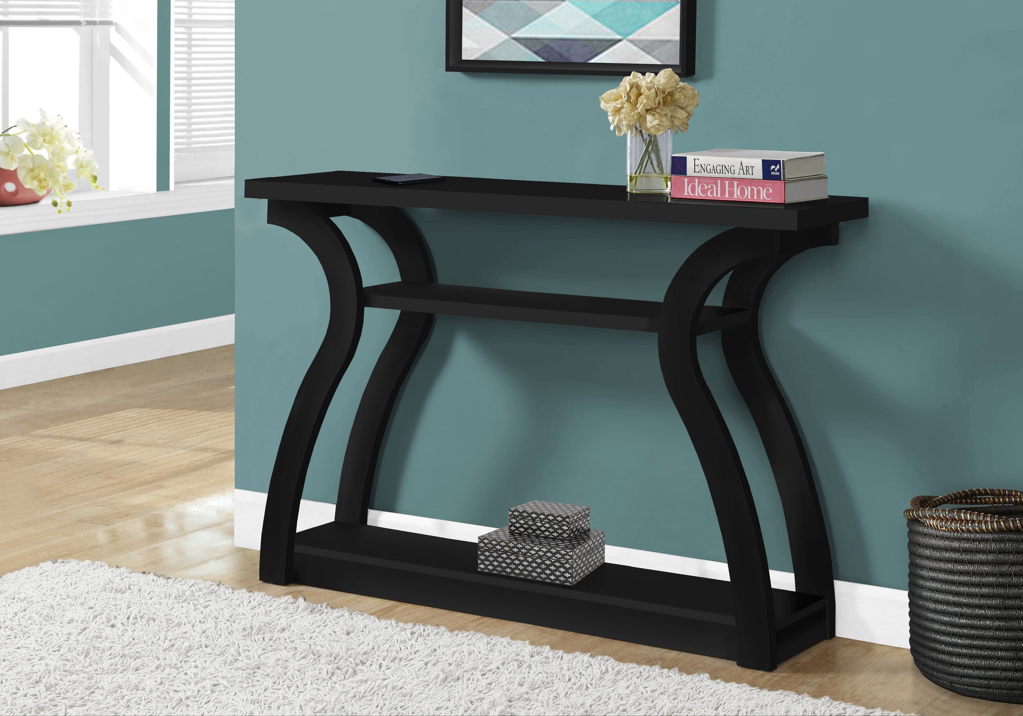 47" Black Floor Shelf Console Table With Shelves-Console Tables-DECOROLALA