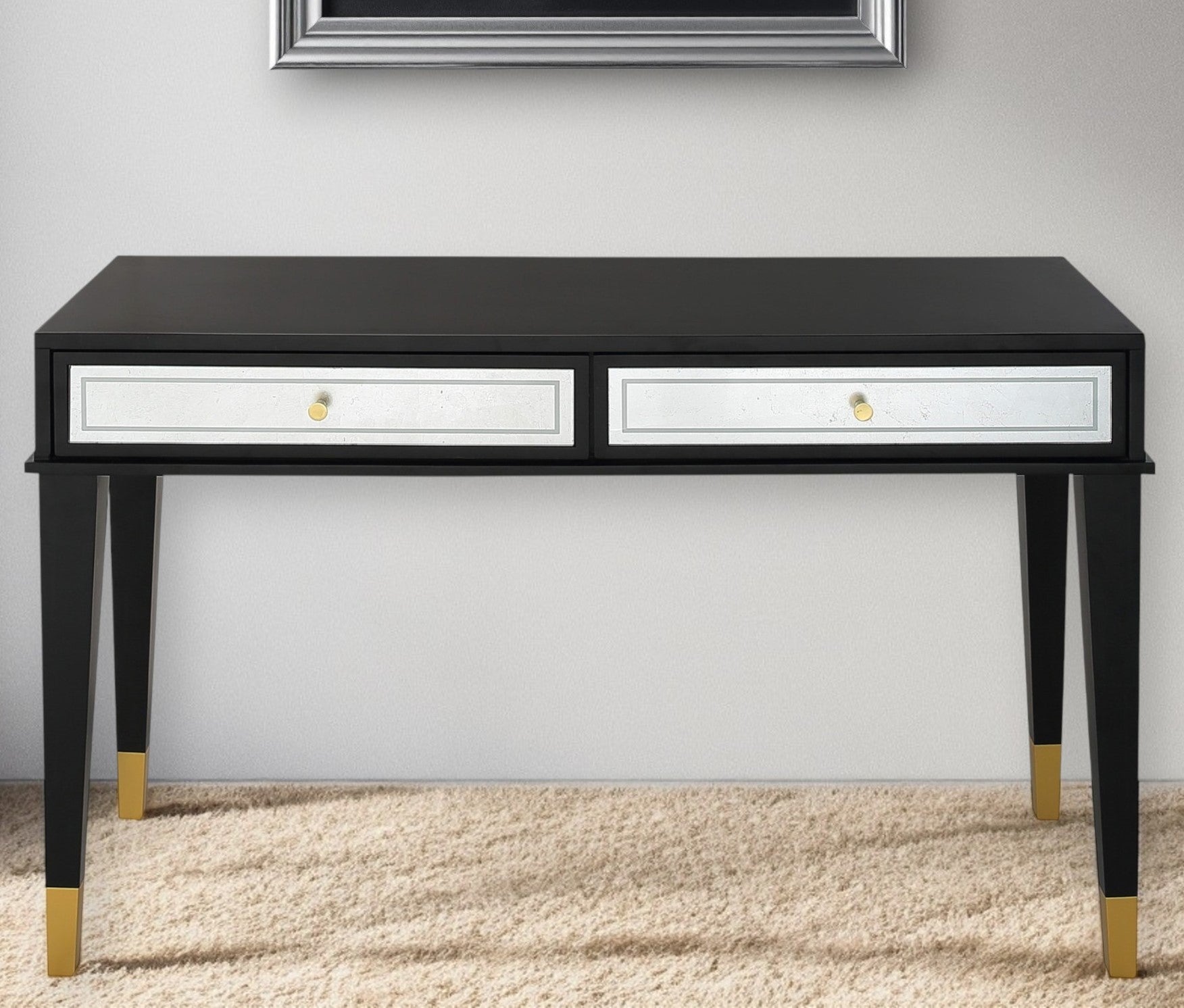 47" Black Silver and Gold Wood Console Table And Drawers-Console Tables-DECOROLALA