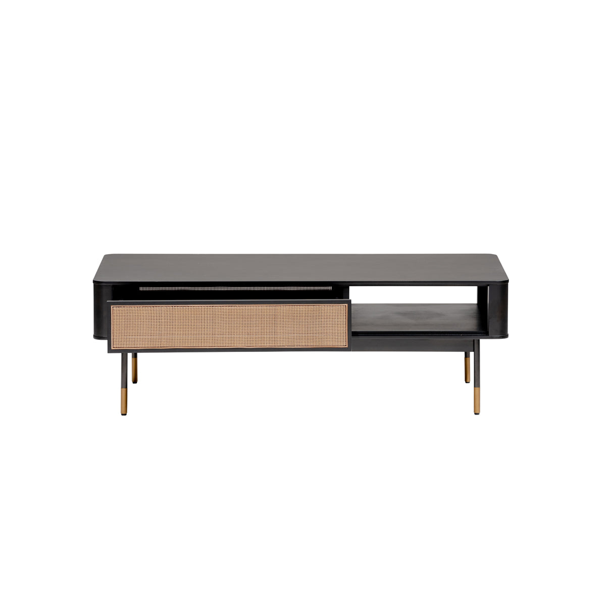 47" Black and Brown Solid Wood And Steel Coffee Table With Drawer And Shelf-Coffee Tables-DECOROLALA