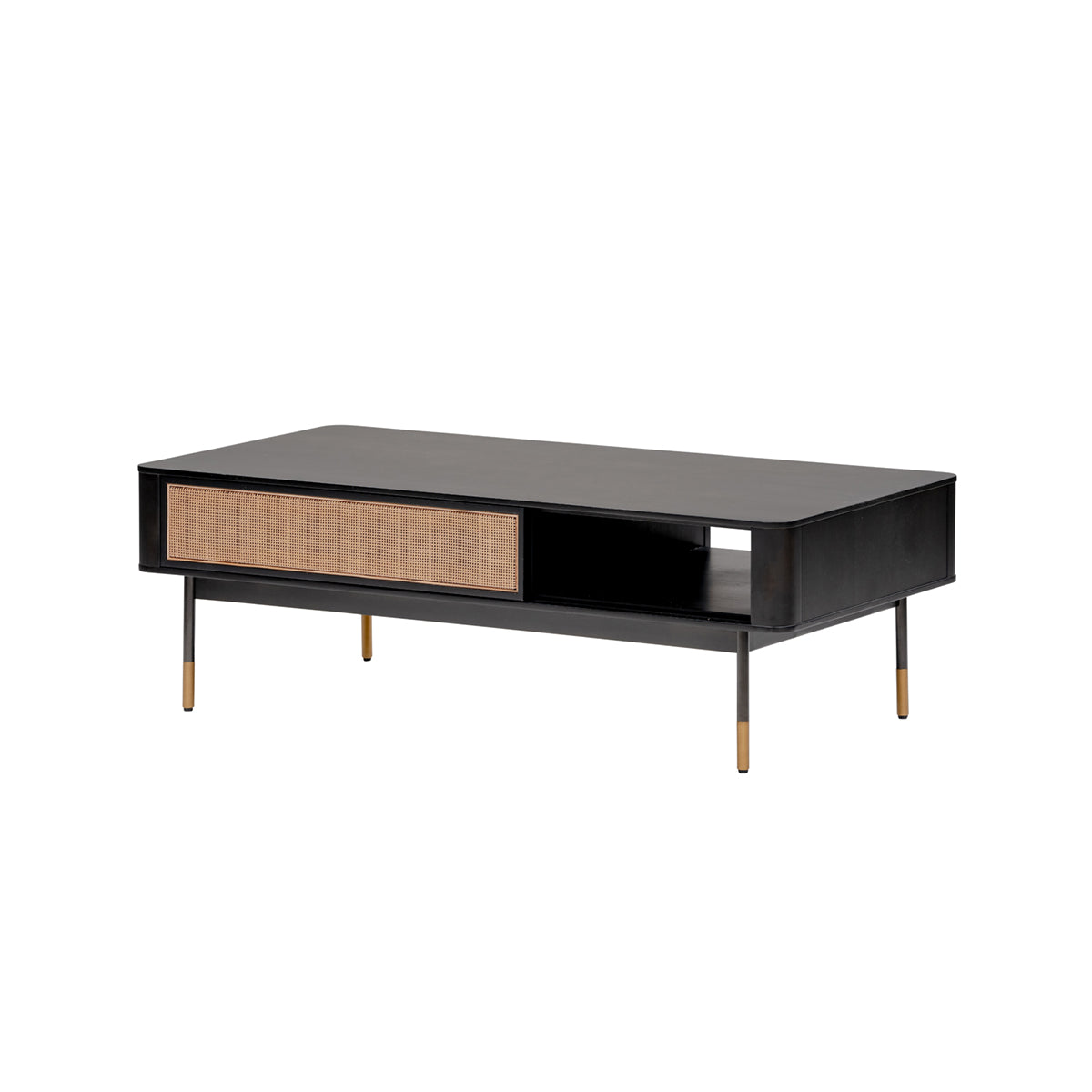 47" Black and Brown Solid Wood And Steel Coffee Table With Drawer And Shelf-Coffee Tables-DECOROLALA
