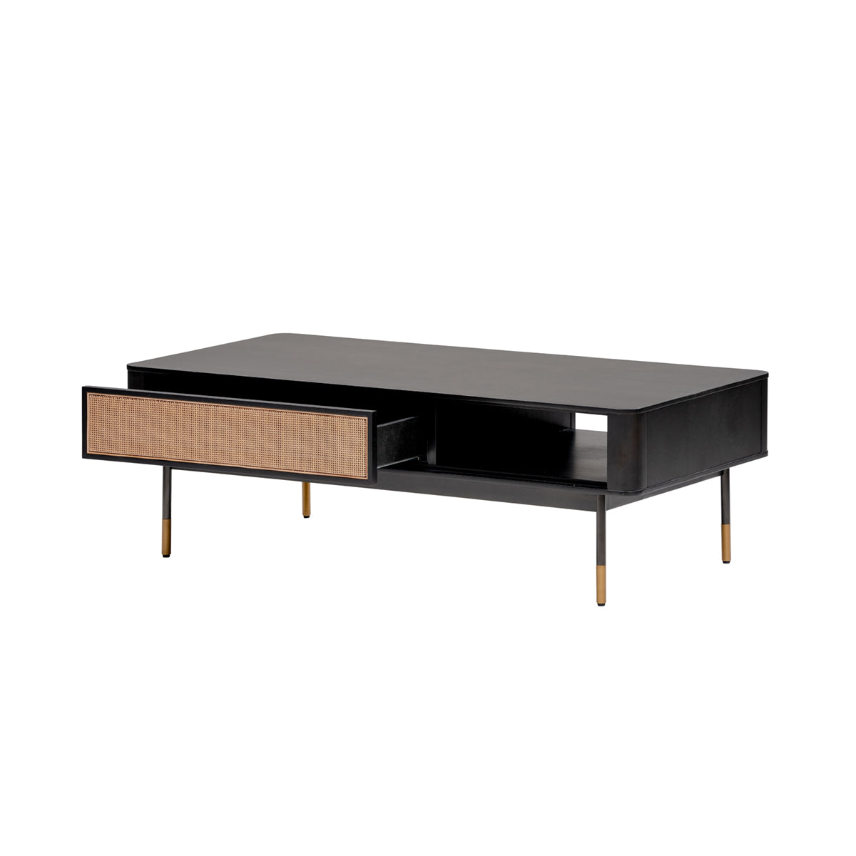 47" Black and Brown Solid Wood And Steel Coffee Table With Drawer And Shelf-Coffee Tables-DECOROLALA