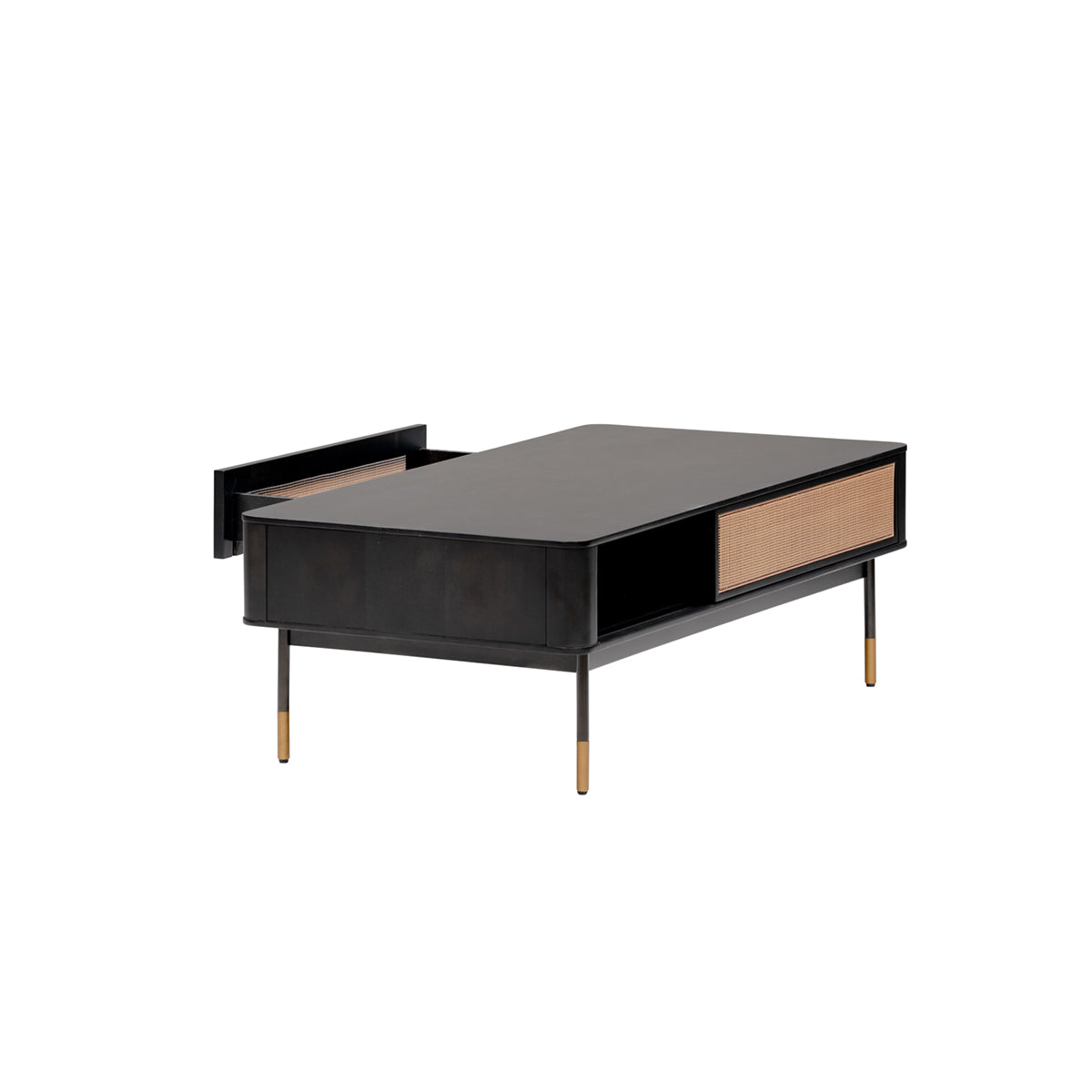 47" Black and Brown Solid Wood And Steel Coffee Table With Drawer And Shelf-Coffee Tables-DECOROLALA
