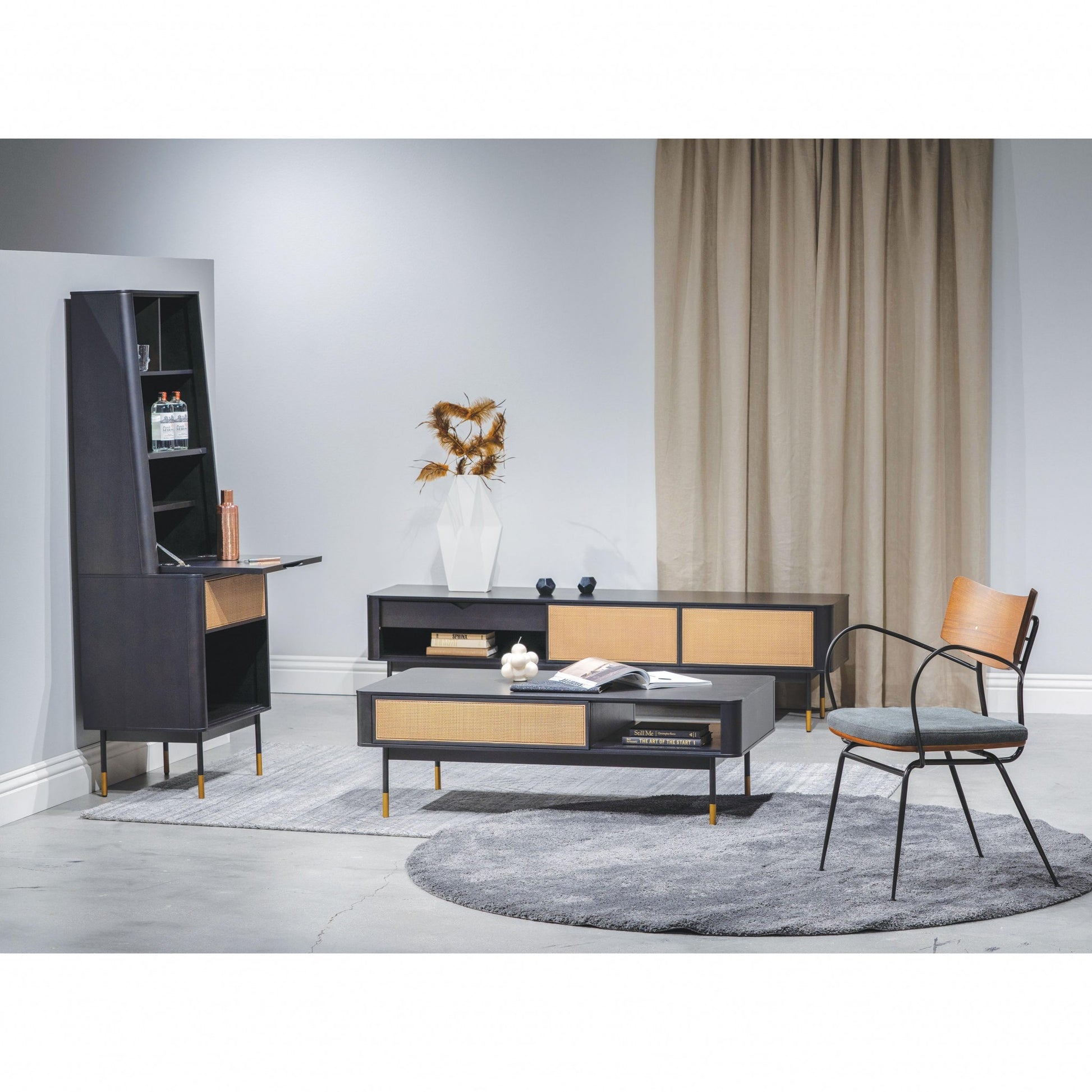 47" Black and Brown Solid Wood And Steel Coffee Table With Drawer And Shelf-Coffee Tables-DECOROLALA