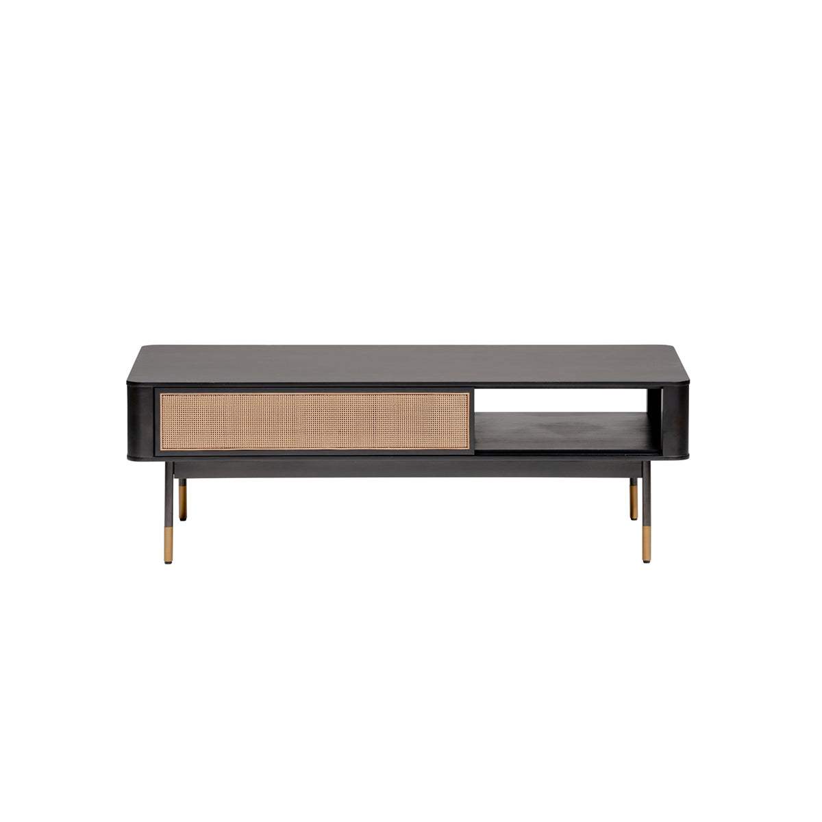 47" Black and Brown Solid Wood And Steel Coffee Table With Drawer And Shelf-Coffee Tables-DECOROLALA