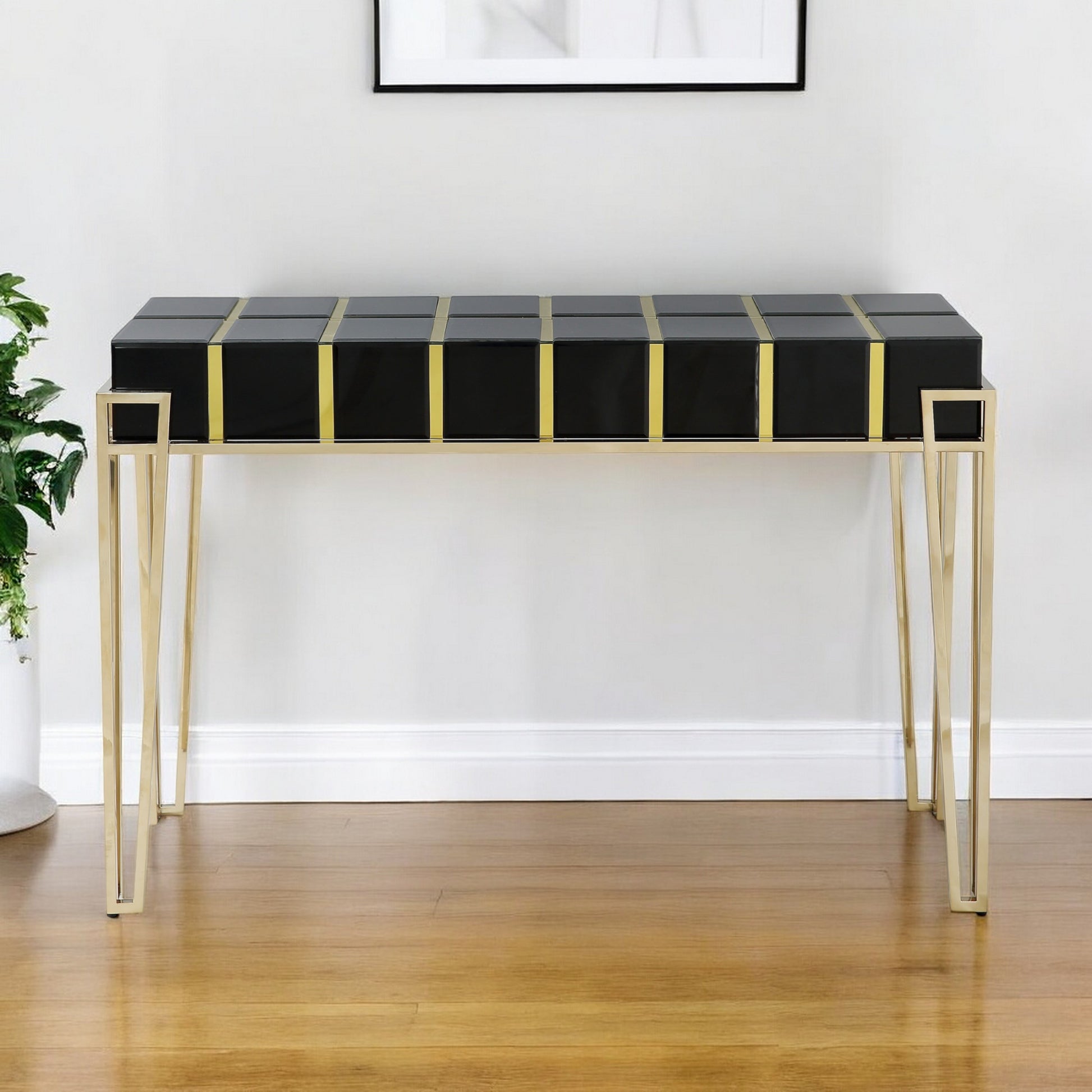 47" Black and Gold Mirrored Glass Console Table-Console Tables-DECOROLALA