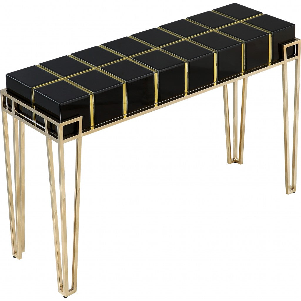 47" Black and Gold Mirrored Glass Console Table-Console Tables-DECOROLALA