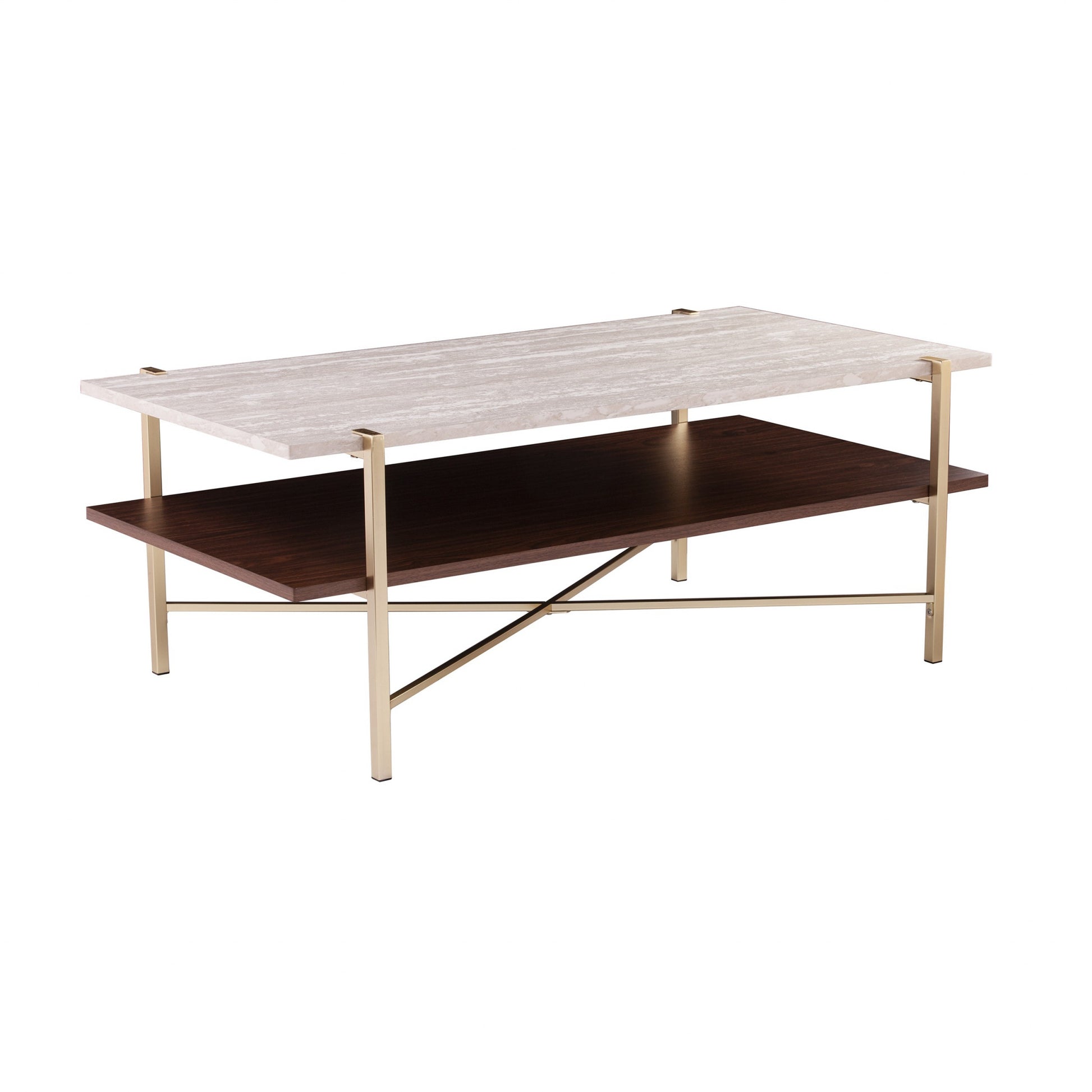 47" Brass Manufactured Wood And Metal Rectangular Coffee Table-Coffee Tables-DECOROLALA
