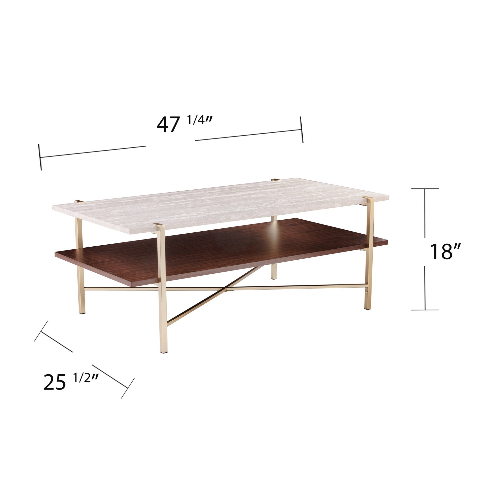 47" Brass Manufactured Wood And Metal Rectangular Coffee Table-Coffee Tables-DECOROLALA