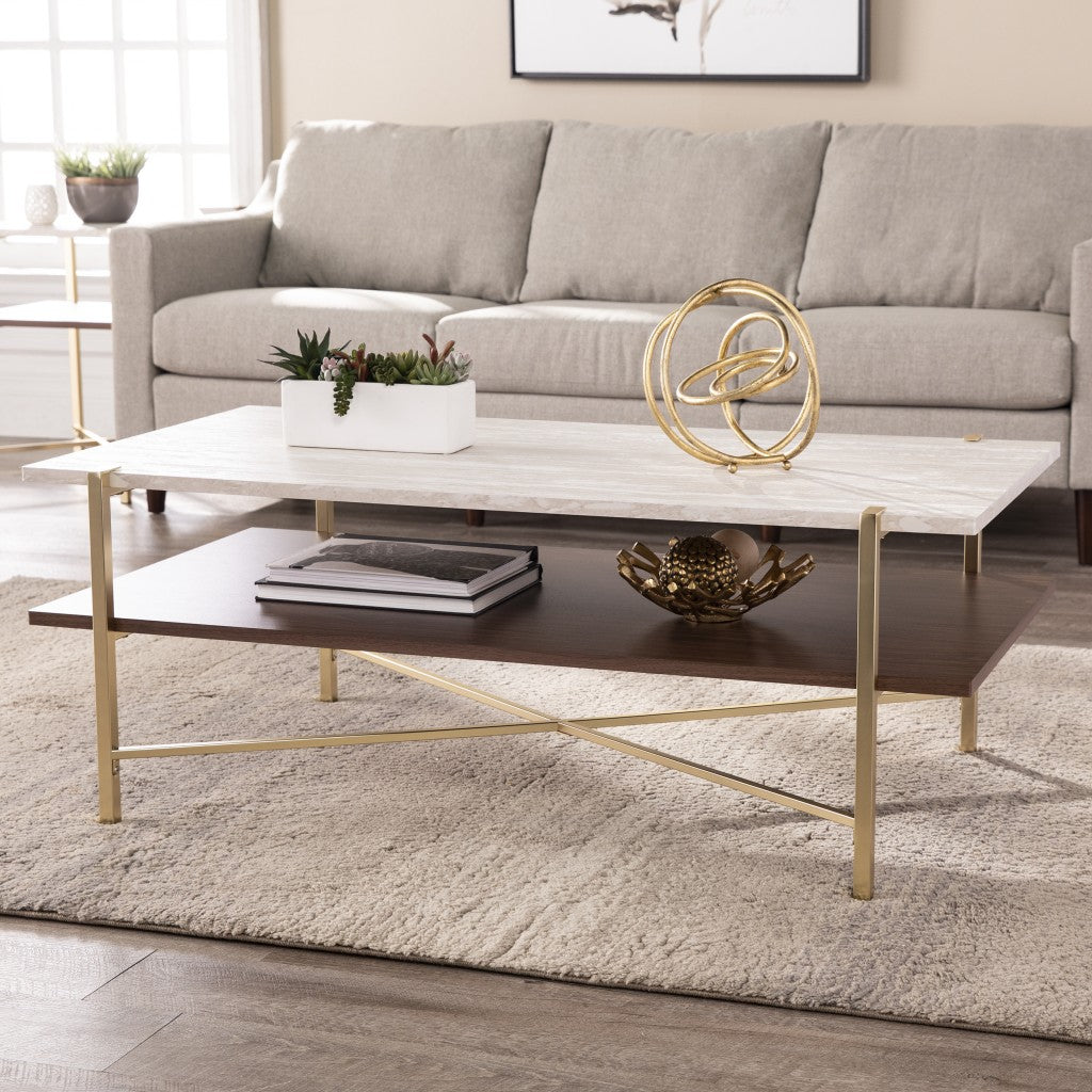47" Brass Manufactured Wood And Metal Rectangular Coffee Table-Coffee Tables-DECOROLALA