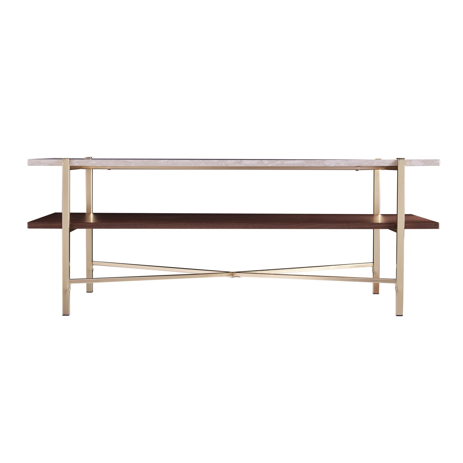 47" Brass Manufactured Wood And Metal Rectangular Coffee Table-Coffee Tables-DECOROLALA