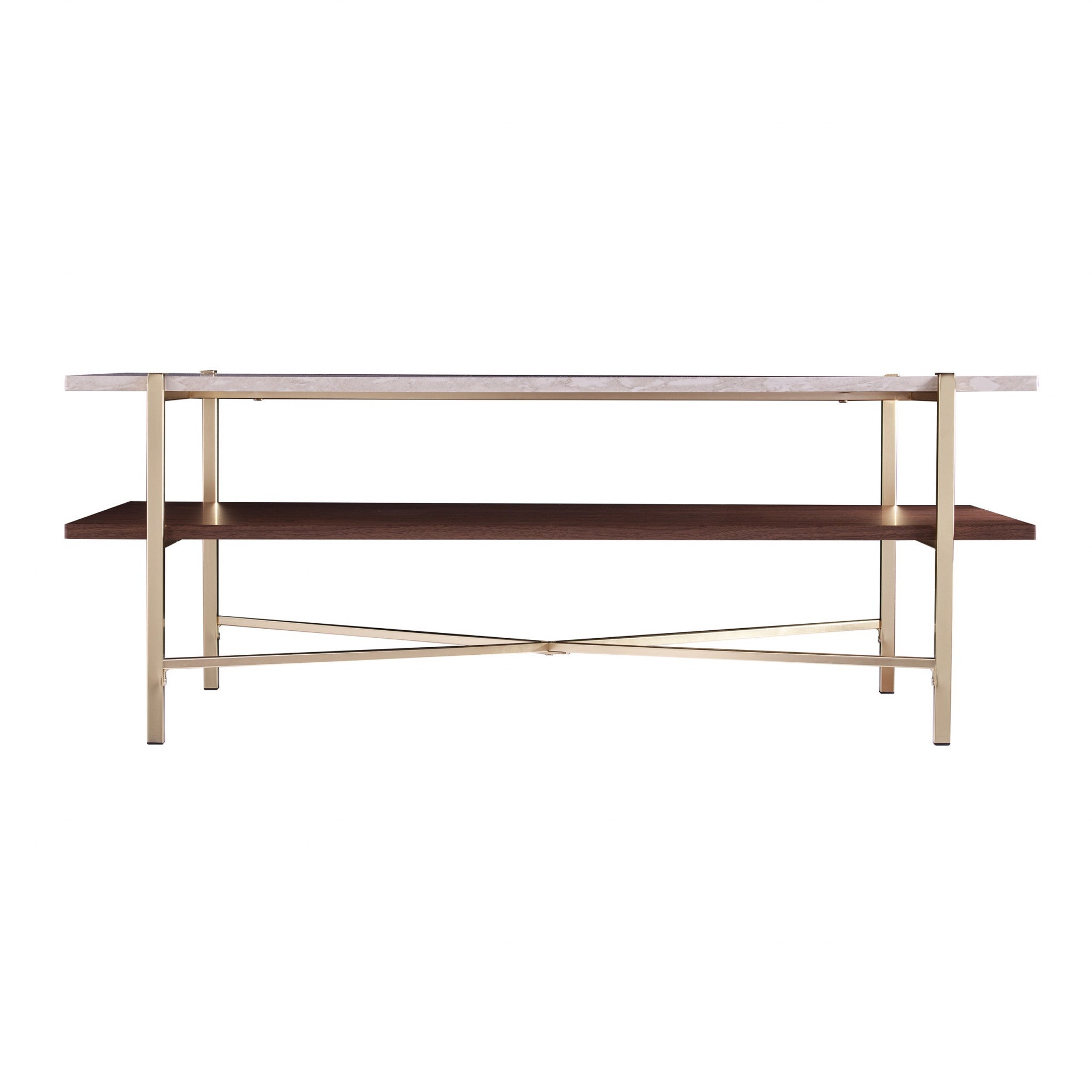 47" Brass Manufactured Wood And Metal Rectangular Coffee Table-Coffee Tables-DECOROLALA