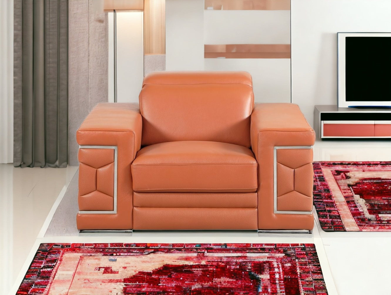 47" Brown And Silver Genuine Leather Arm Chair-Accent Chairs-DECOROLALA