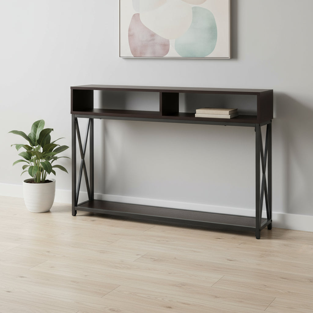47" Brown and Black Frame Console Table With Shelves-Console Tables-DECOROLALA
