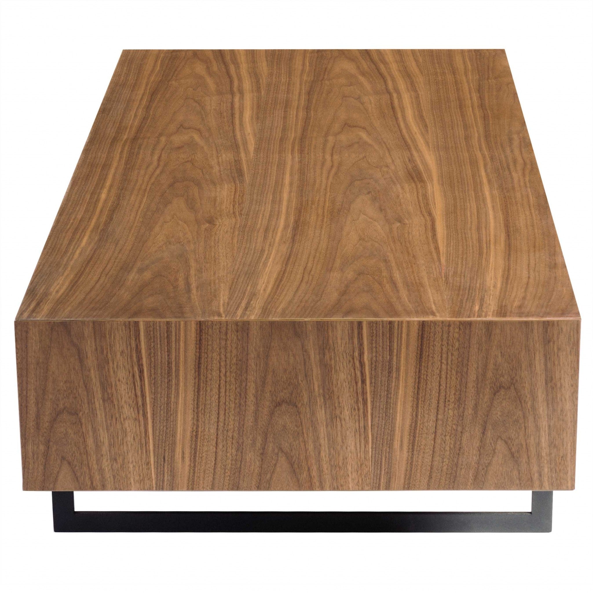 47" Brown and Black Wood And Metal Sled Coffee Table With Two Shelves-Coffee Tables-DECOROLALA