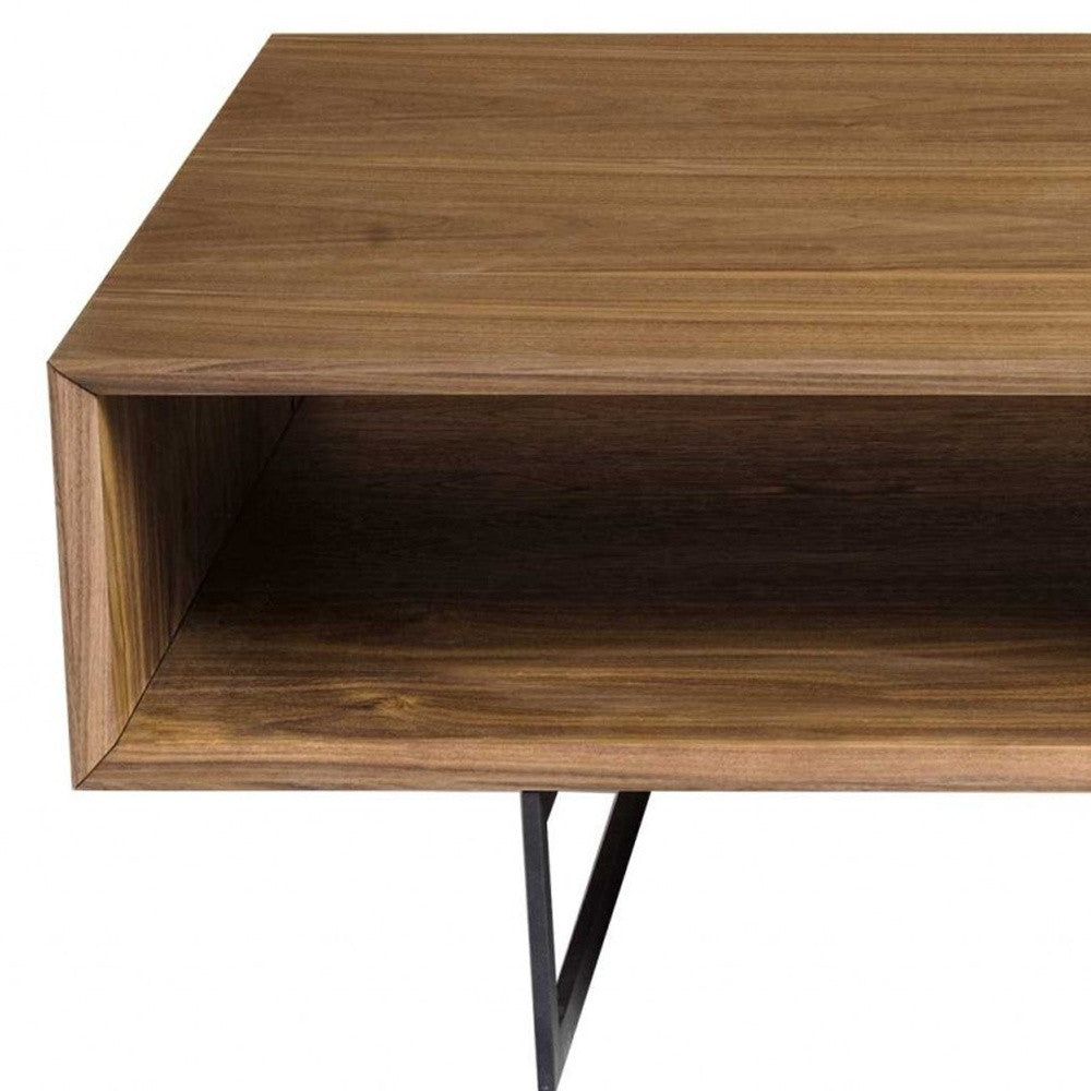 47" Brown and Black Wood And Metal Sled Coffee Table With Two Shelves-Coffee Tables-DECOROLALA