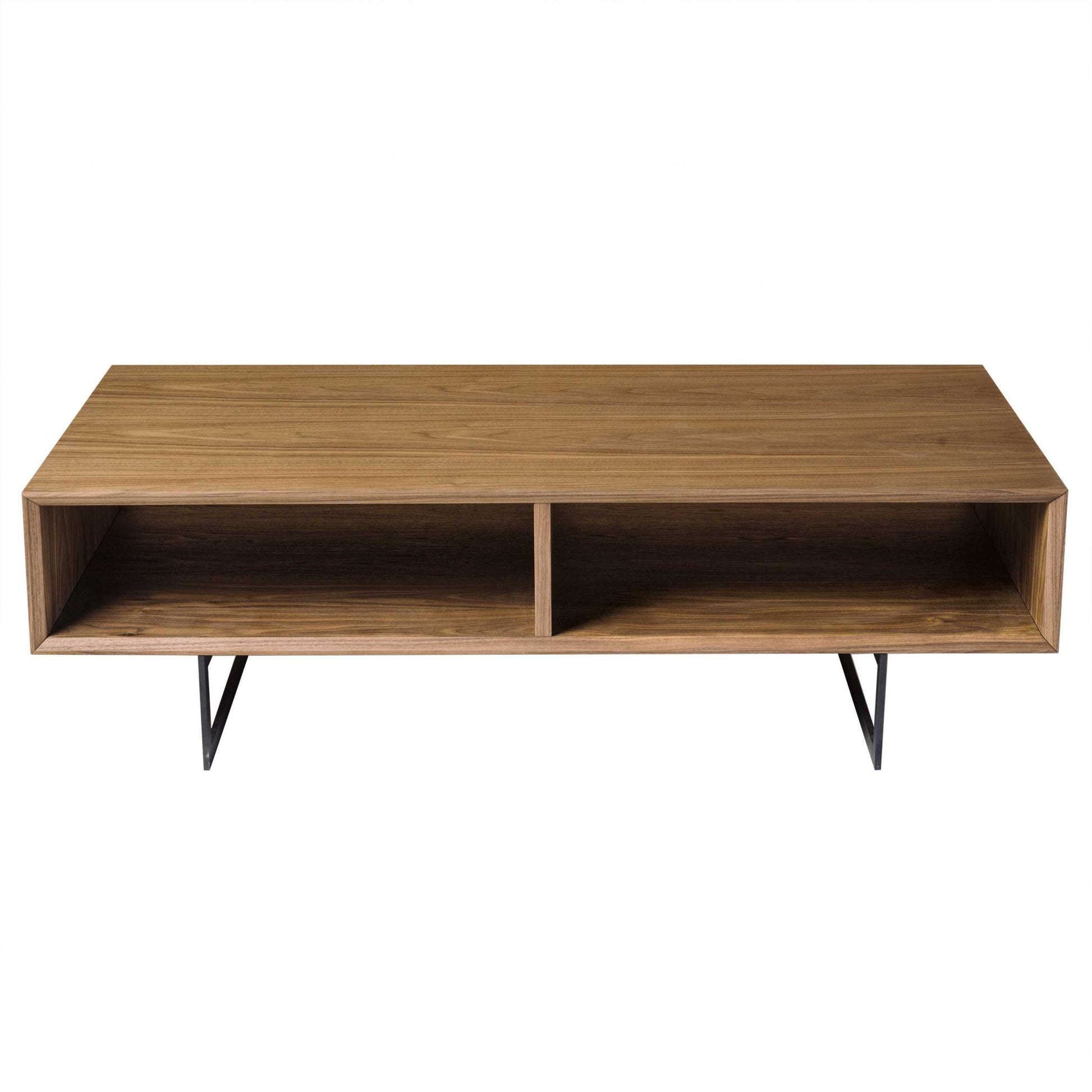 47" Brown and Black Wood And Metal Sled Coffee Table With Two Shelves-Coffee Tables-DECOROLALA