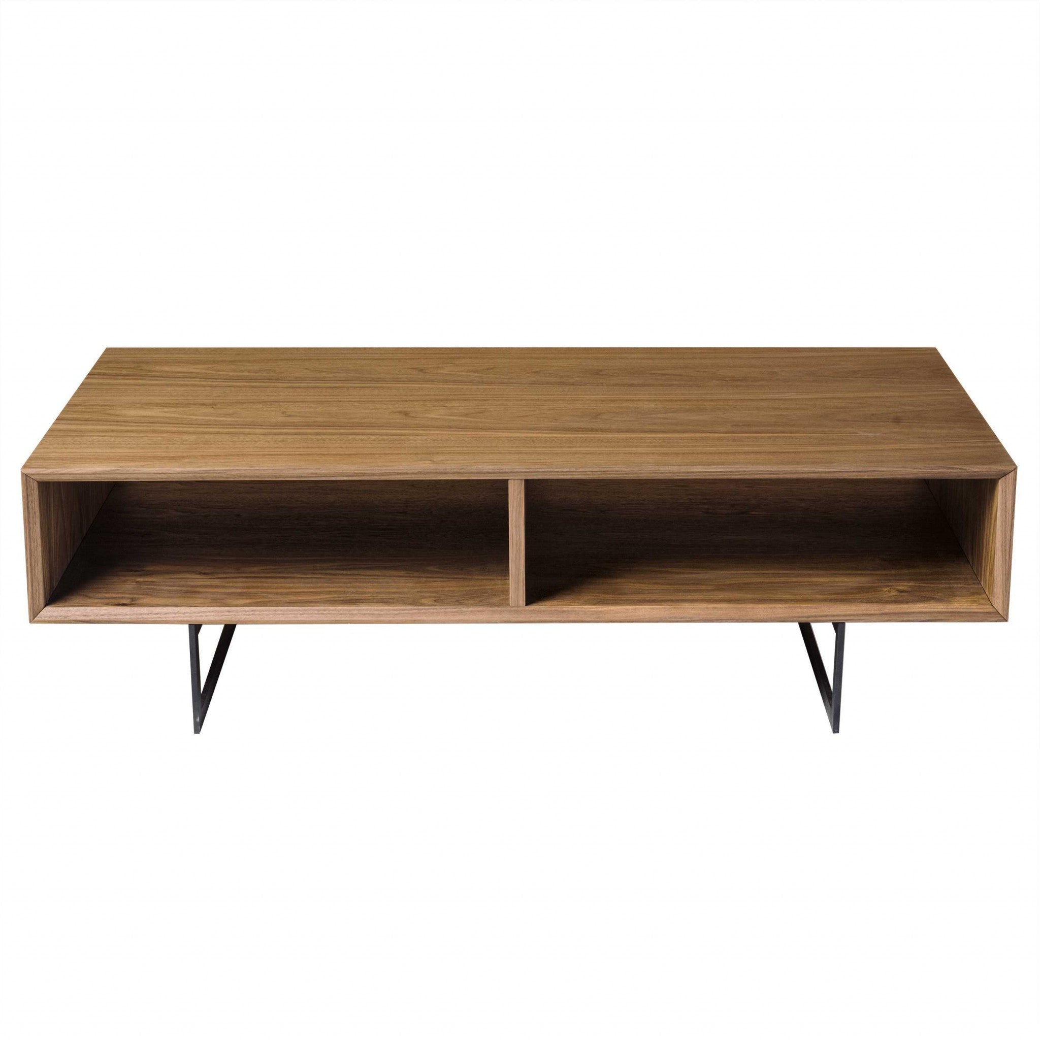 47" Brown and Black Wood And Metal Sled Coffee Table With Two Shelves-Coffee Tables-DECOROLALA