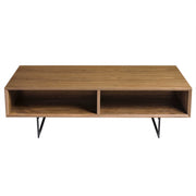 47" Brown and Black Wood And Metal Sled Coffee Table With Two Shelves-Coffee Tables-DECOROLALA