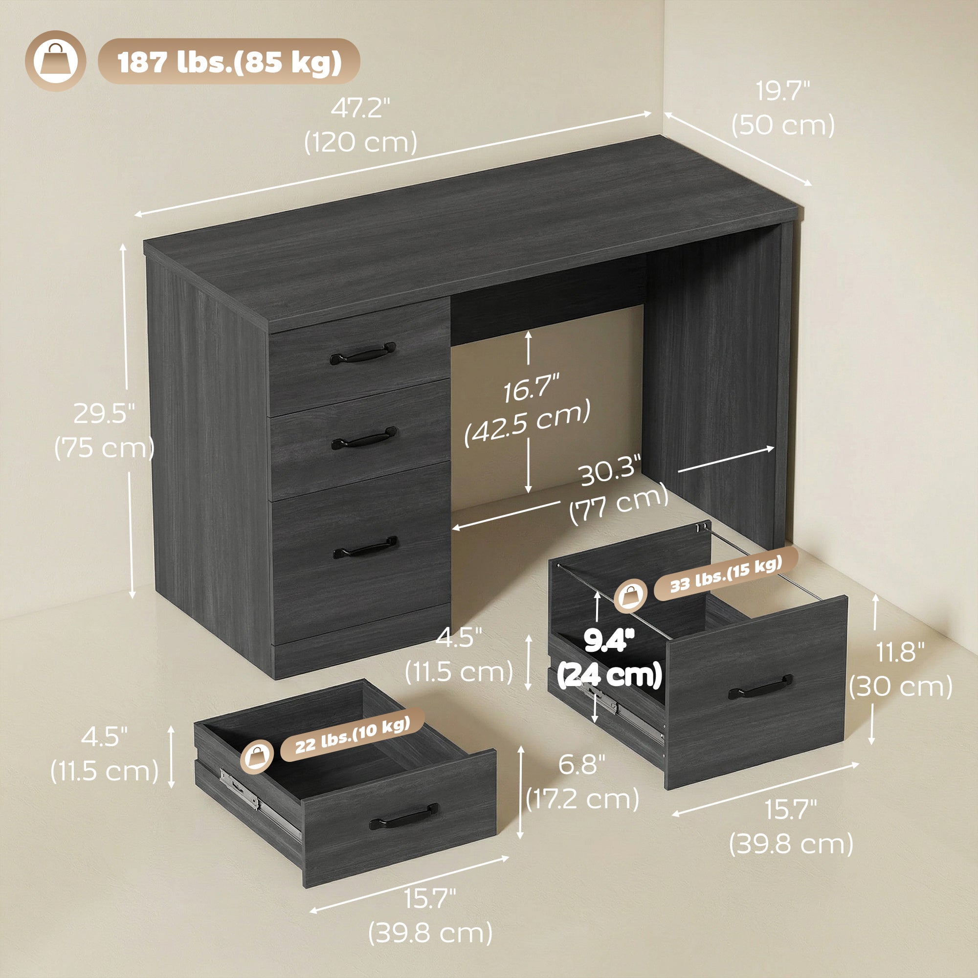 47" Computer Desk with 3 Drawers & File Storage - Black-Office Products > Office Furniture > Office Desks & Work Stations > Computer Desks-DECOROLALA