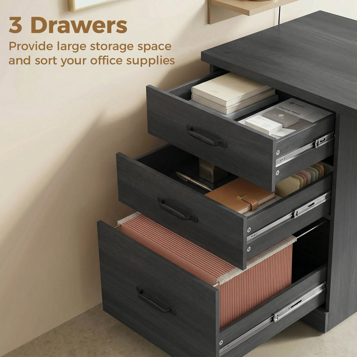 47" Computer Desk with 3 Drawers & File Storage - Black-Office Products > Office Furniture > Office Desks & Work Stations > Computer Desks-DECOROLALA