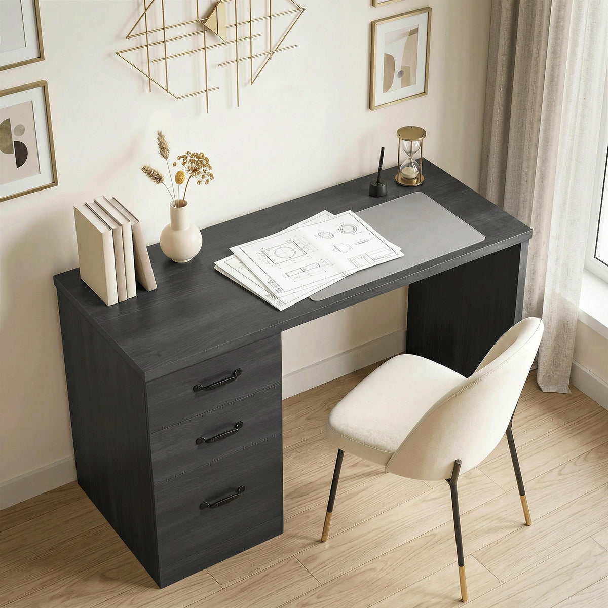 47" Computer Desk with 3 Drawers & File Storage - Black-Office Products > Office Furniture > Office Desks & Work Stations > Computer Desks-DECOROLALA