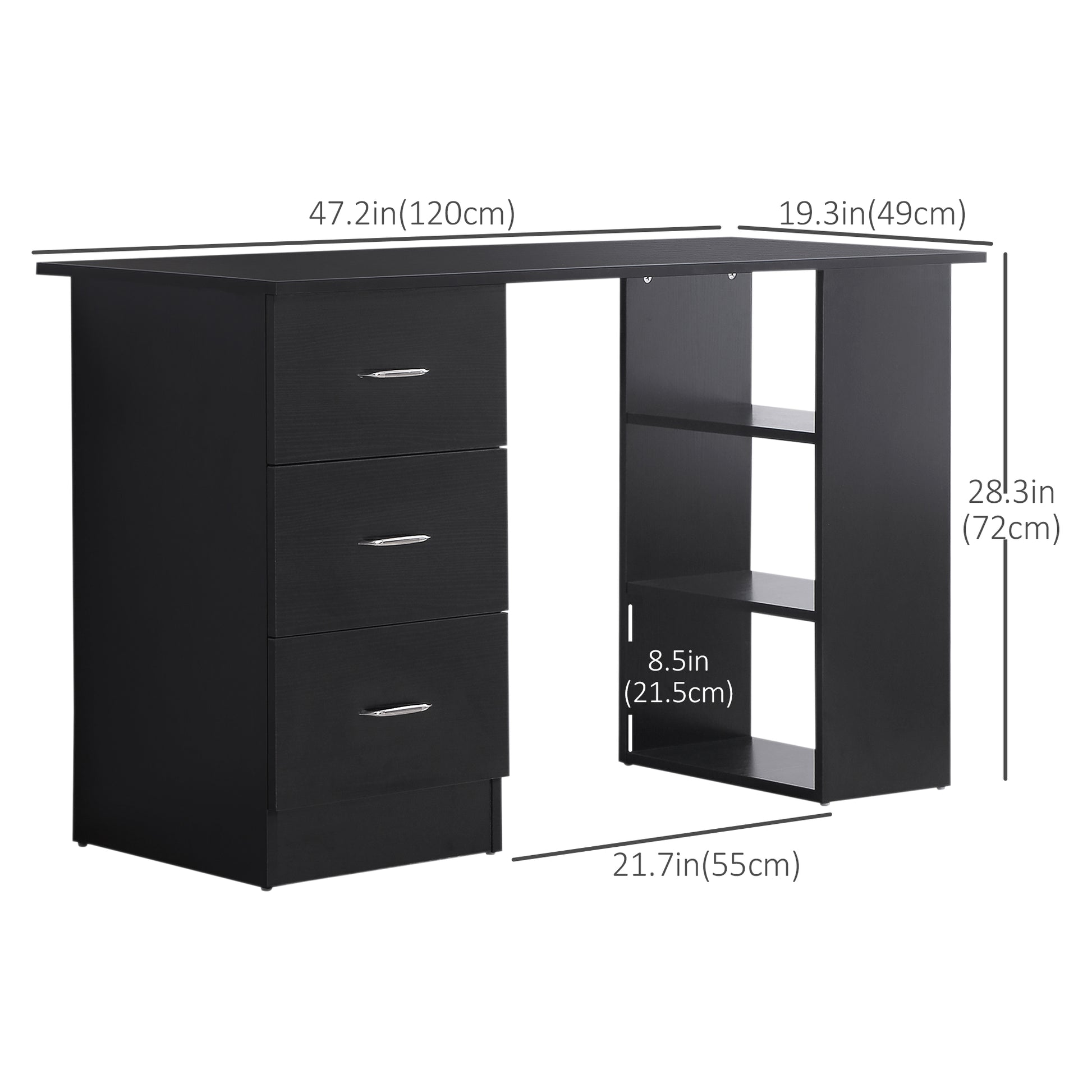 47" Computer Desk with 3 Drawers and 3 Shelves - Black-Office Products > Office Furniture > Office Desks & Work Stations > Writing Desks-DECOROLALA