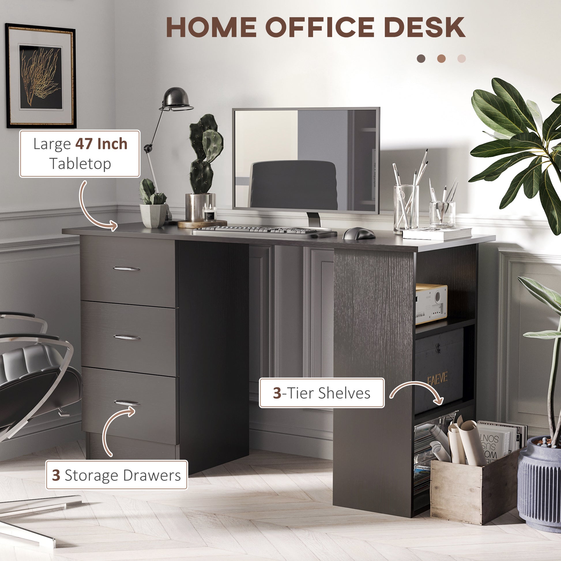 47" Computer Desk with 3 Drawers and 3 Shelves - Black-Office Products > Office Furniture > Office Desks & Work Stations > Writing Desks-DECOROLALA