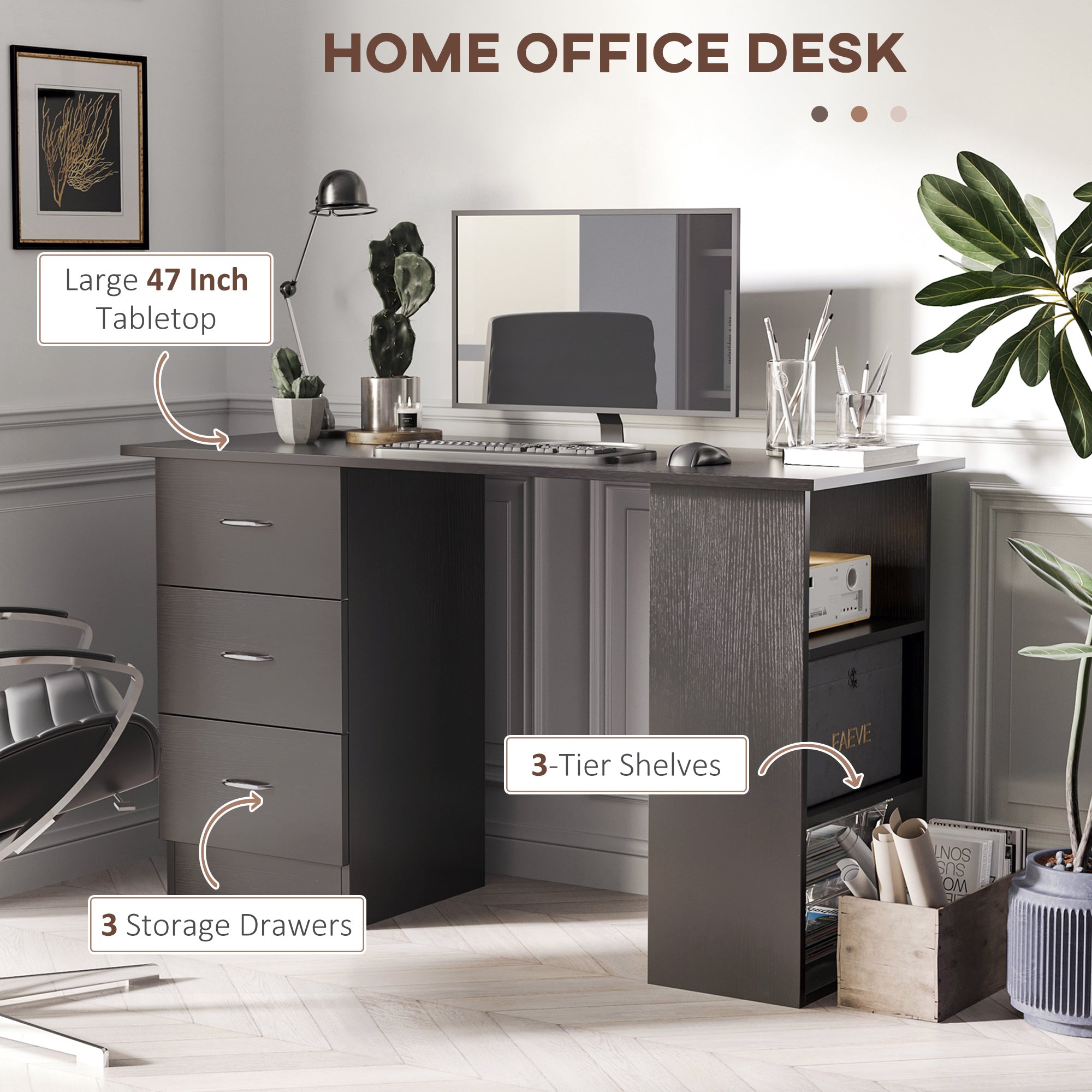 47" Computer Desk with 3 Drawers and 3 Shelves - Black-Office Products > Office Furniture > Office Desks & Work Stations > Writing Desks-DECOROLALA