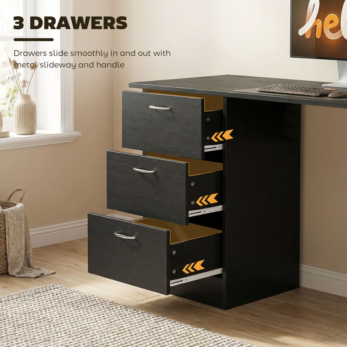 47" Computer Desk with 3 Drawers and 3 Shelves - Black-Office Products > Office Furniture > Office Desks & Work Stations > Writing Desks-DECOROLALA