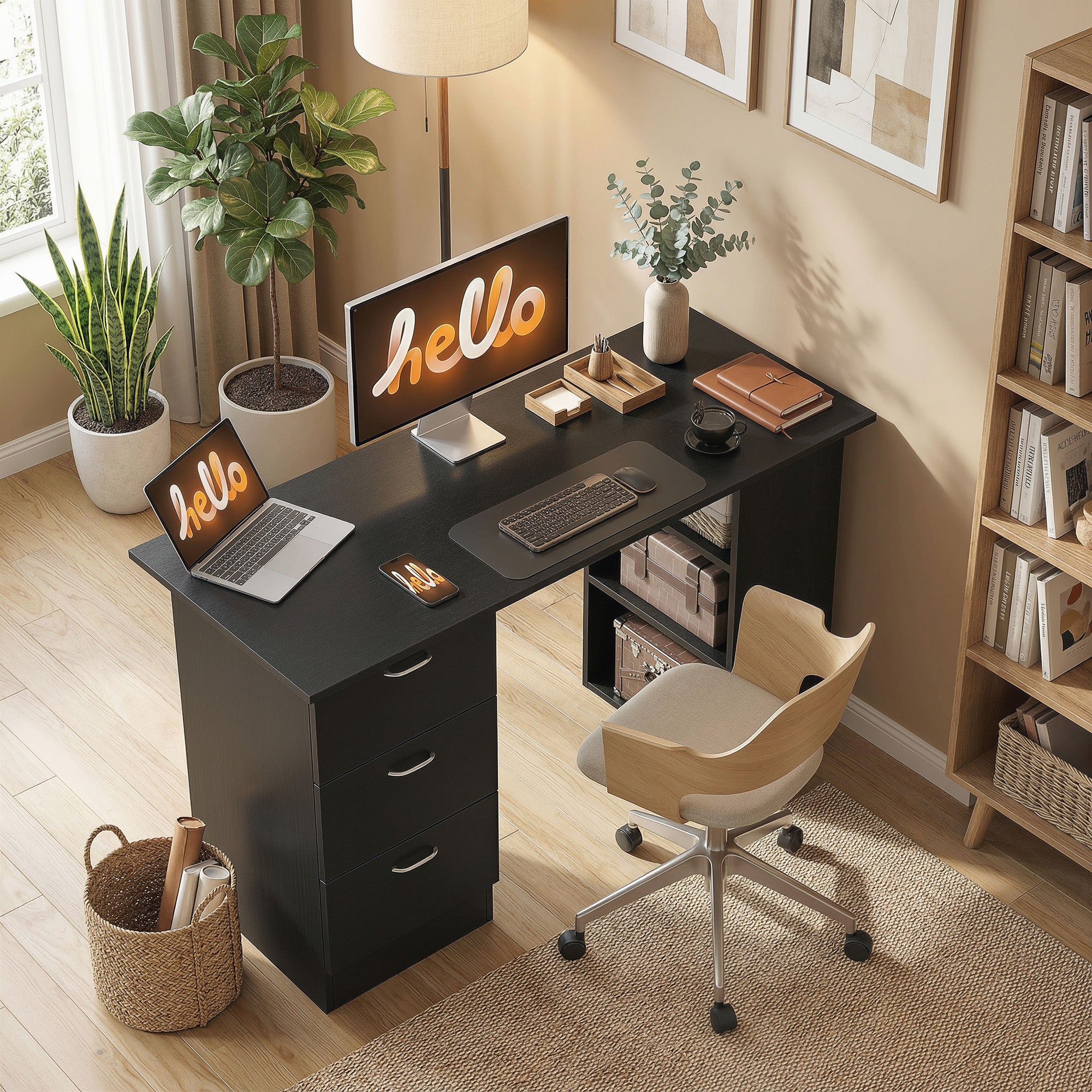 47" Computer Desk with 3 Drawers and 3 Shelves - Black-Office Products > Office Furniture > Office Desks & Work Stations > Writing Desks-DECOROLALA