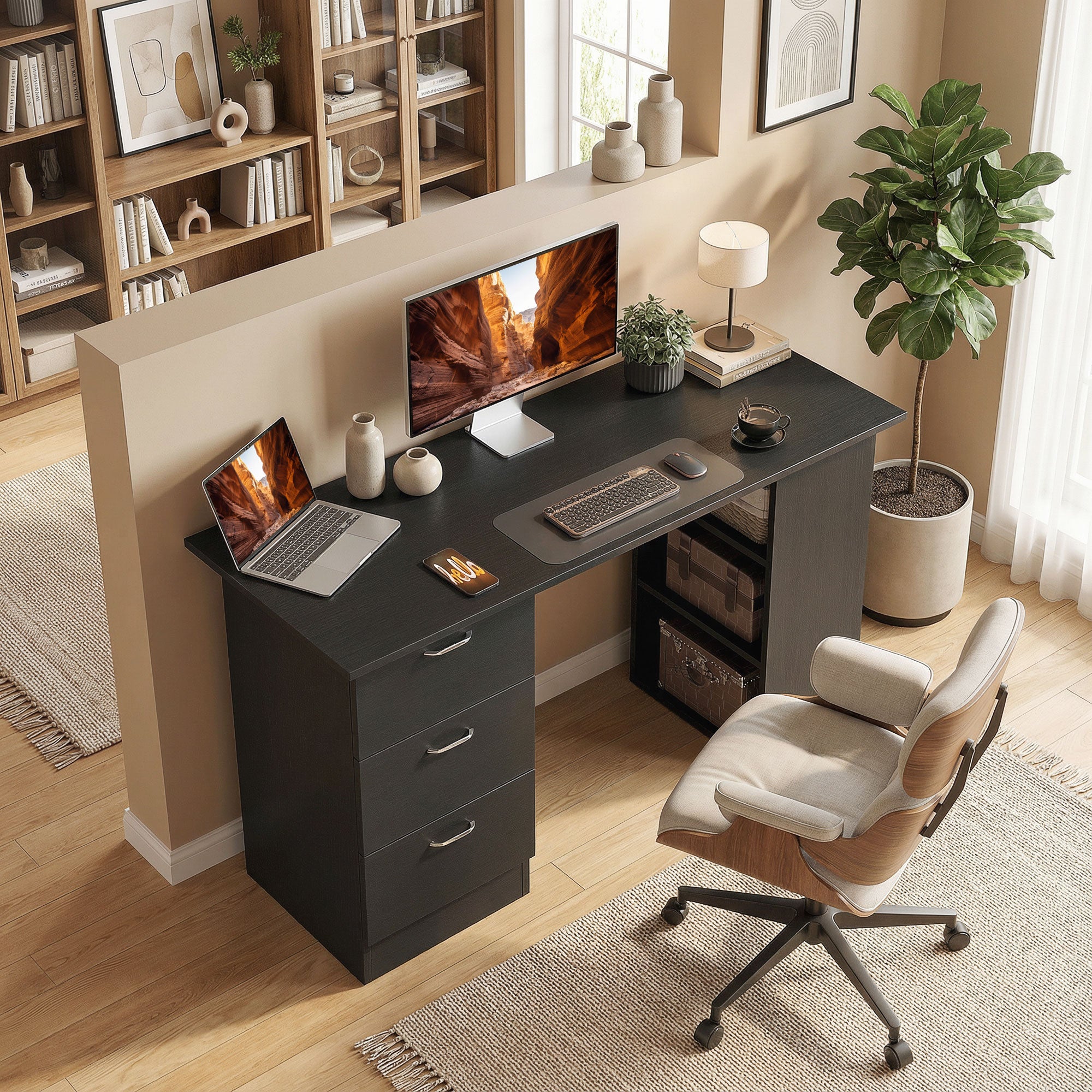 47" Computer Desk with 3 Drawers and 3 Shelves - Black-Office Products > Office Furniture > Office Desks & Work Stations > Writing Desks-DECOROLALA